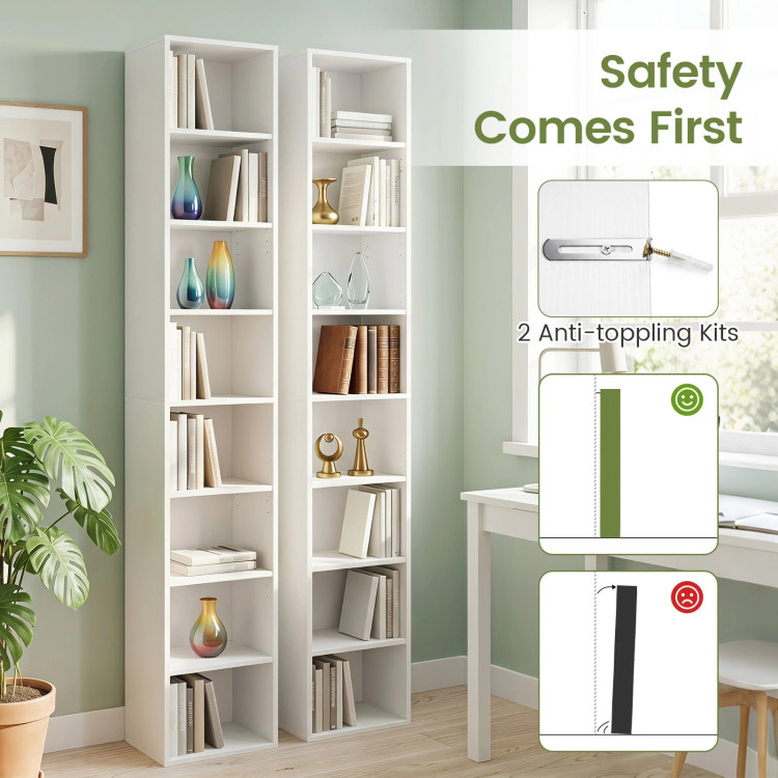SUGIFT White 8-Tier Narrow Bookshelf 71 in with 4 Adjustable Shelves