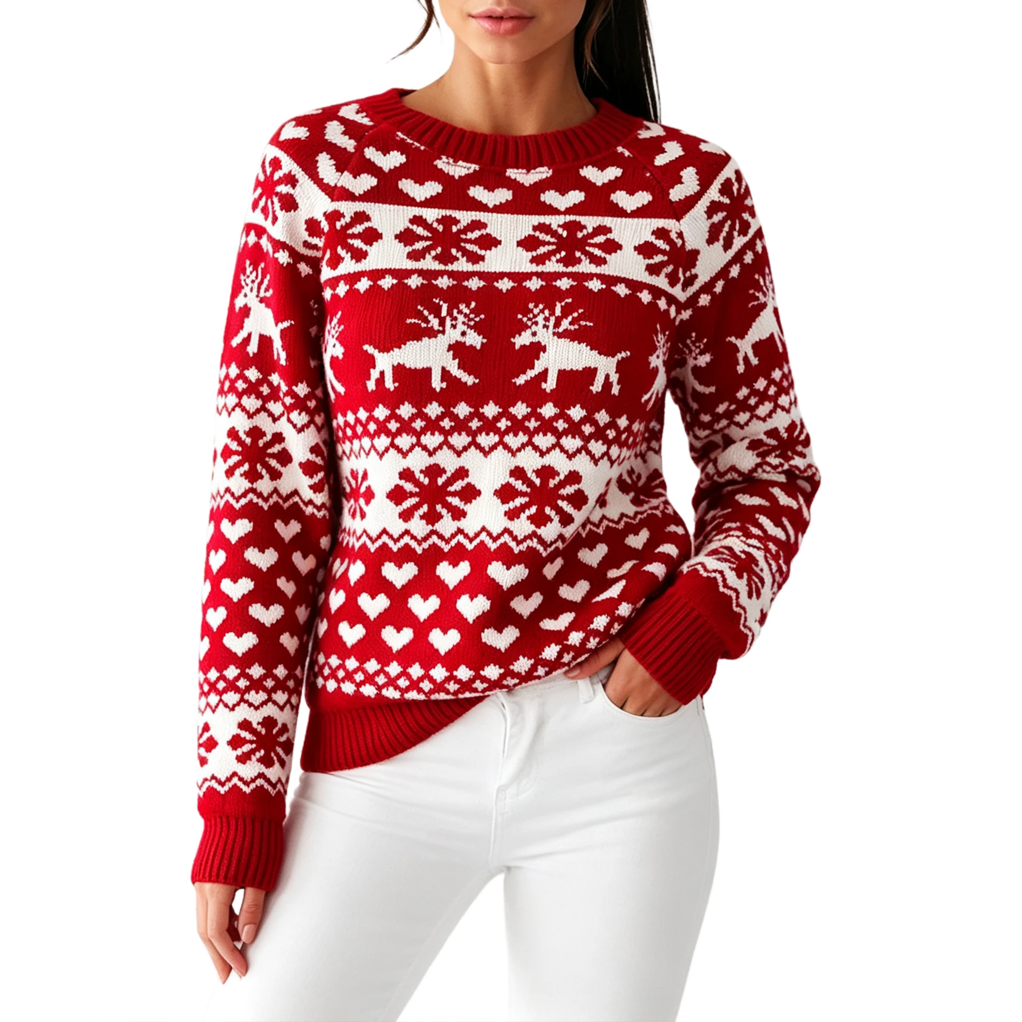 YesFashion Women's Christmas Sweaters Long Sleeve Crew Neck Snowflake Reindeer Knitted Pullovers