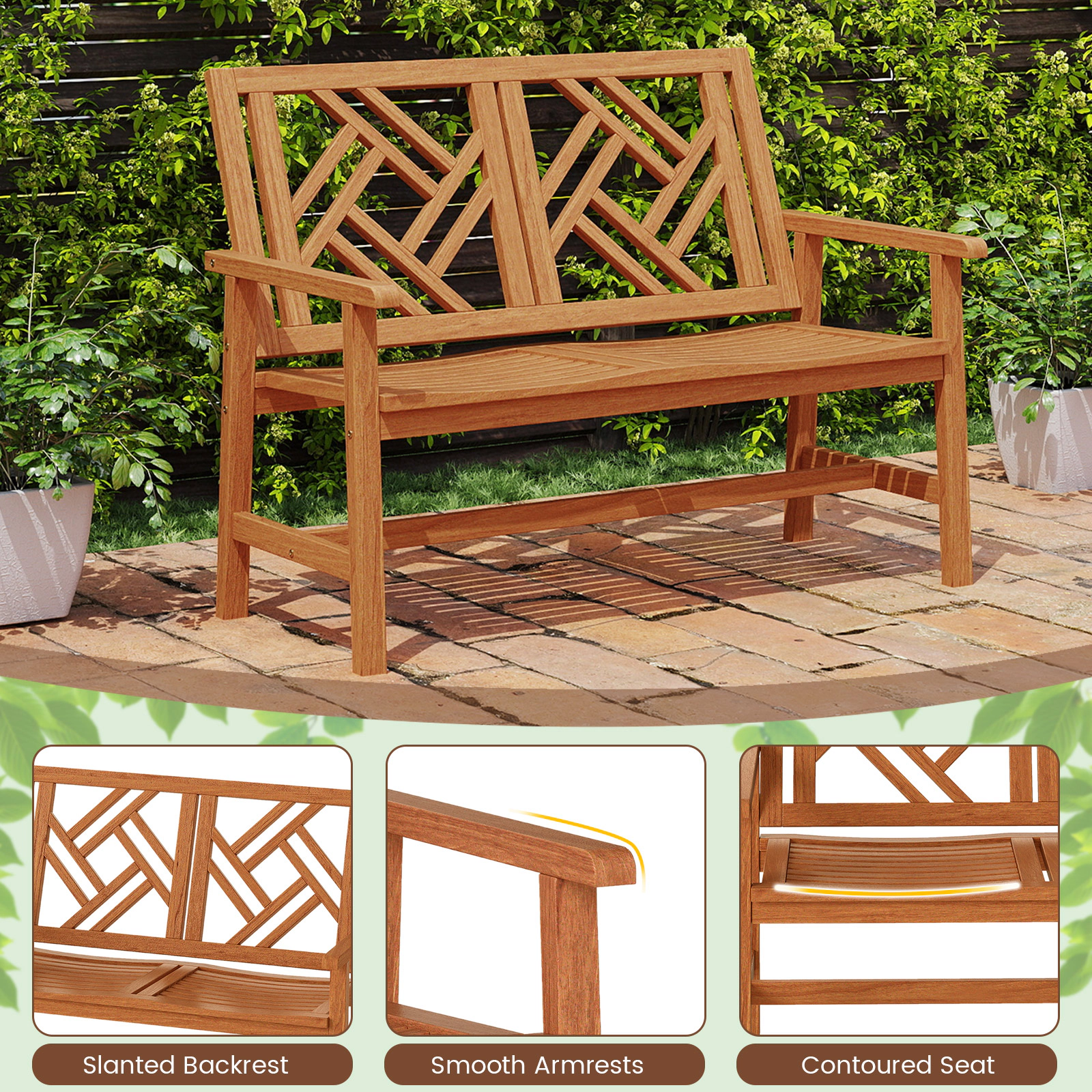 SUGIFT 48 in Outdoor Bench Natural Hardwood 2-Person Patio Loveseat with Geometric Backrest