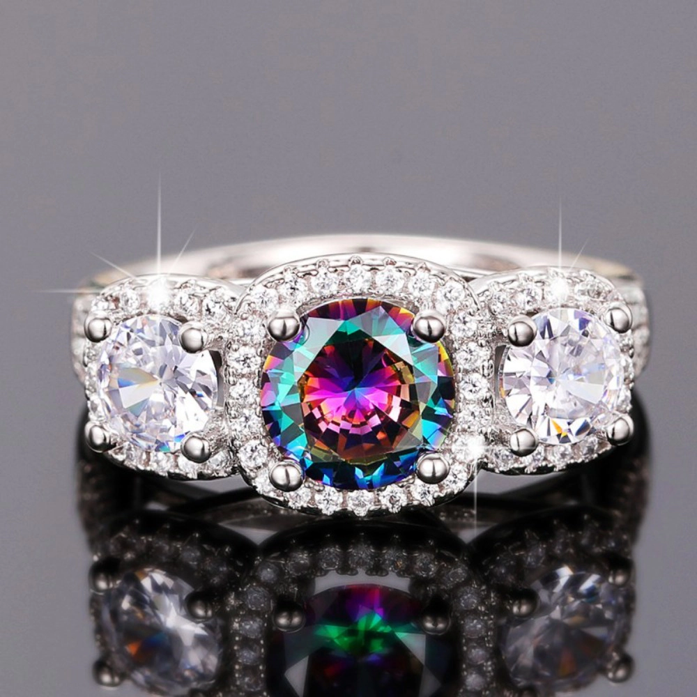 Round Rainbow Cubic Zirconia Statement Cocktail Rings for Women
