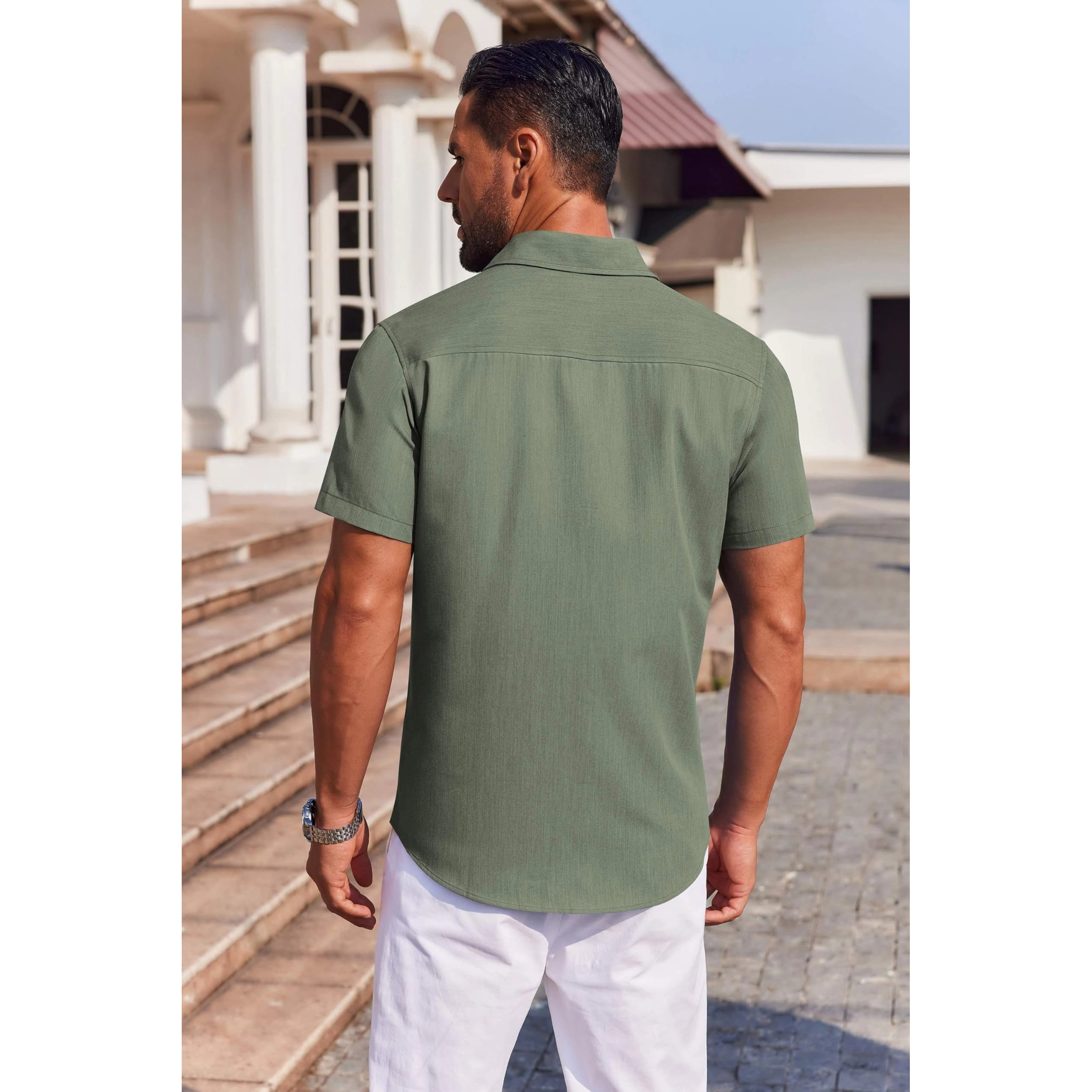 COOFANDY Mens Short Sleeve Button Down Shirt  Lapel Collar Pocket Casual Tops