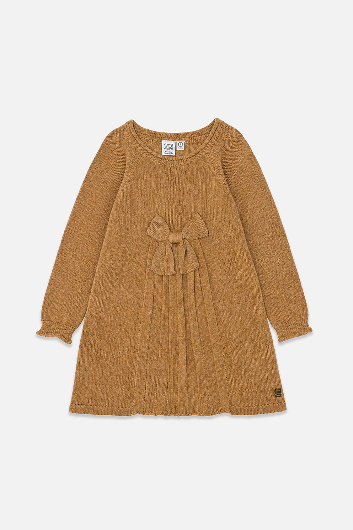 Deux par Girls Knitted A-Line Dress with 3D Bow and Pleats