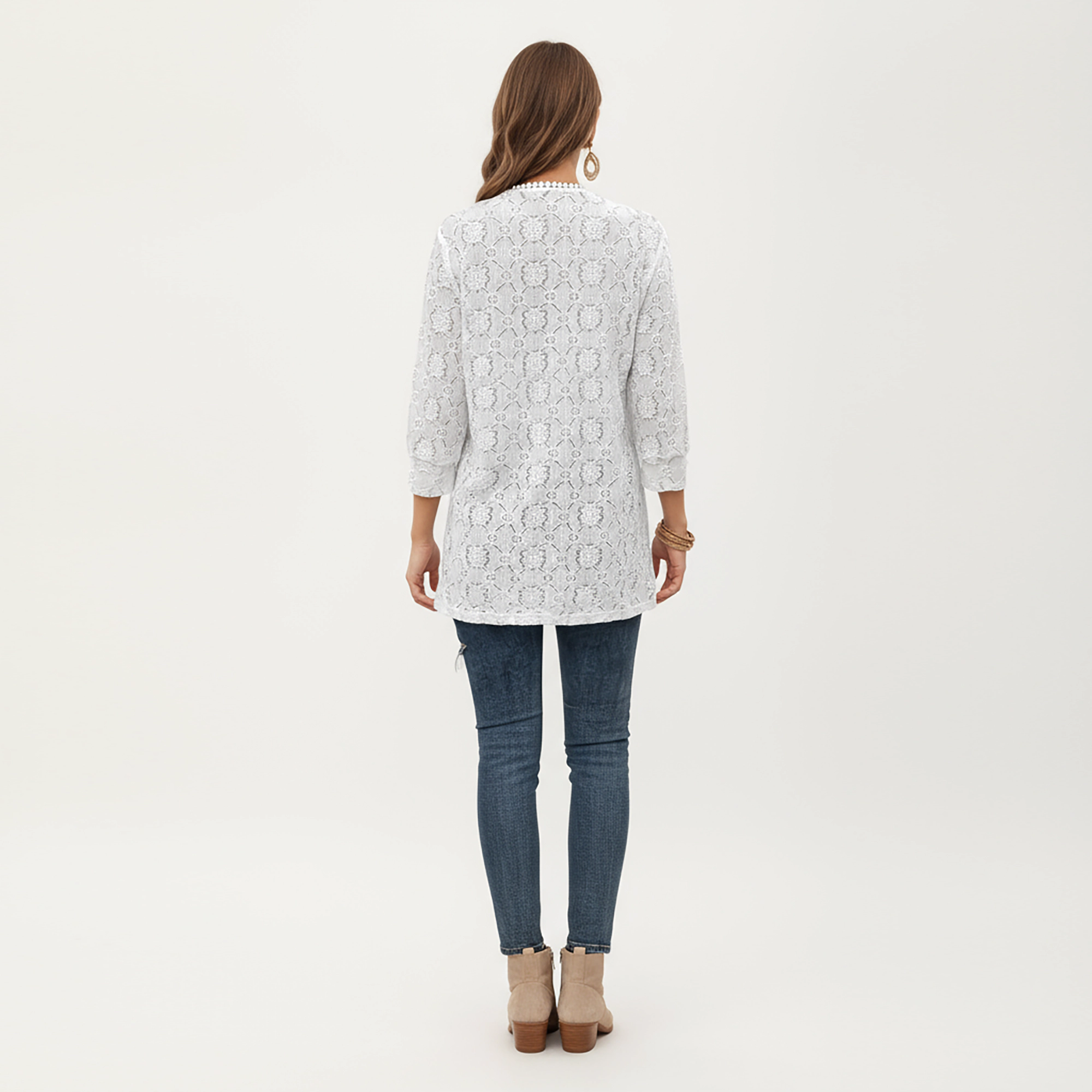 Anna-Kaci Women's 3/4 Sleeve Open Front Lace Cardigan with Floral Crochet Detailing