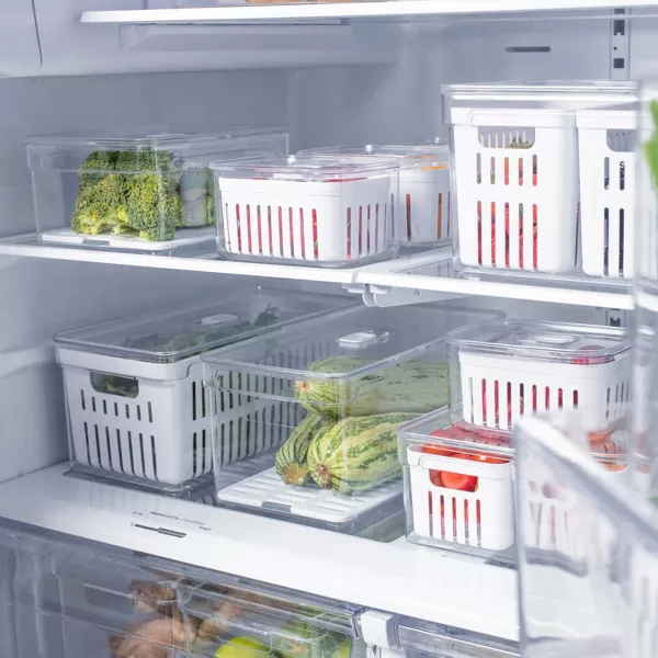 OU Fridge Organizer Bins w/ Drain Baskets & Vented Lids, Clear Stackable Refrigerator Storage Container, 2 Pack BPA Free