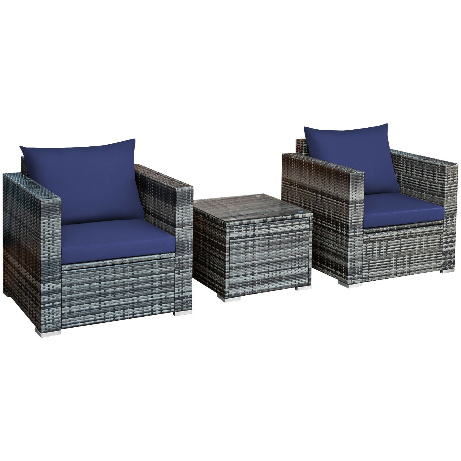 SUGIFT 3-Piece Gray Rattan Patio Sofa Set with 2 Cushioned Chairs and Lift-Out Glass Coffee Table