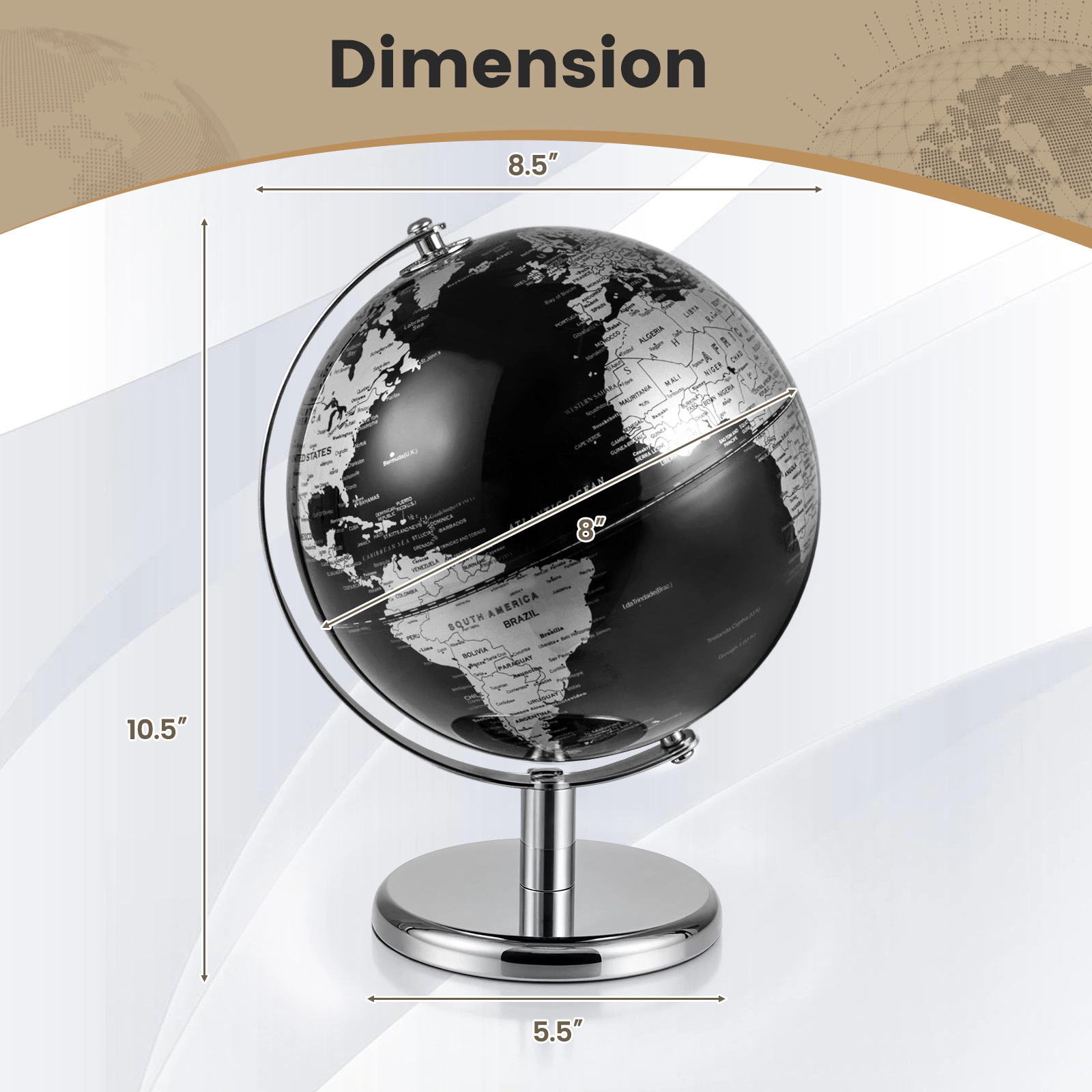 SUGIFT 8-in Rotating Decorative World Globe Interactive Desktop Learning Toy Black + Silver