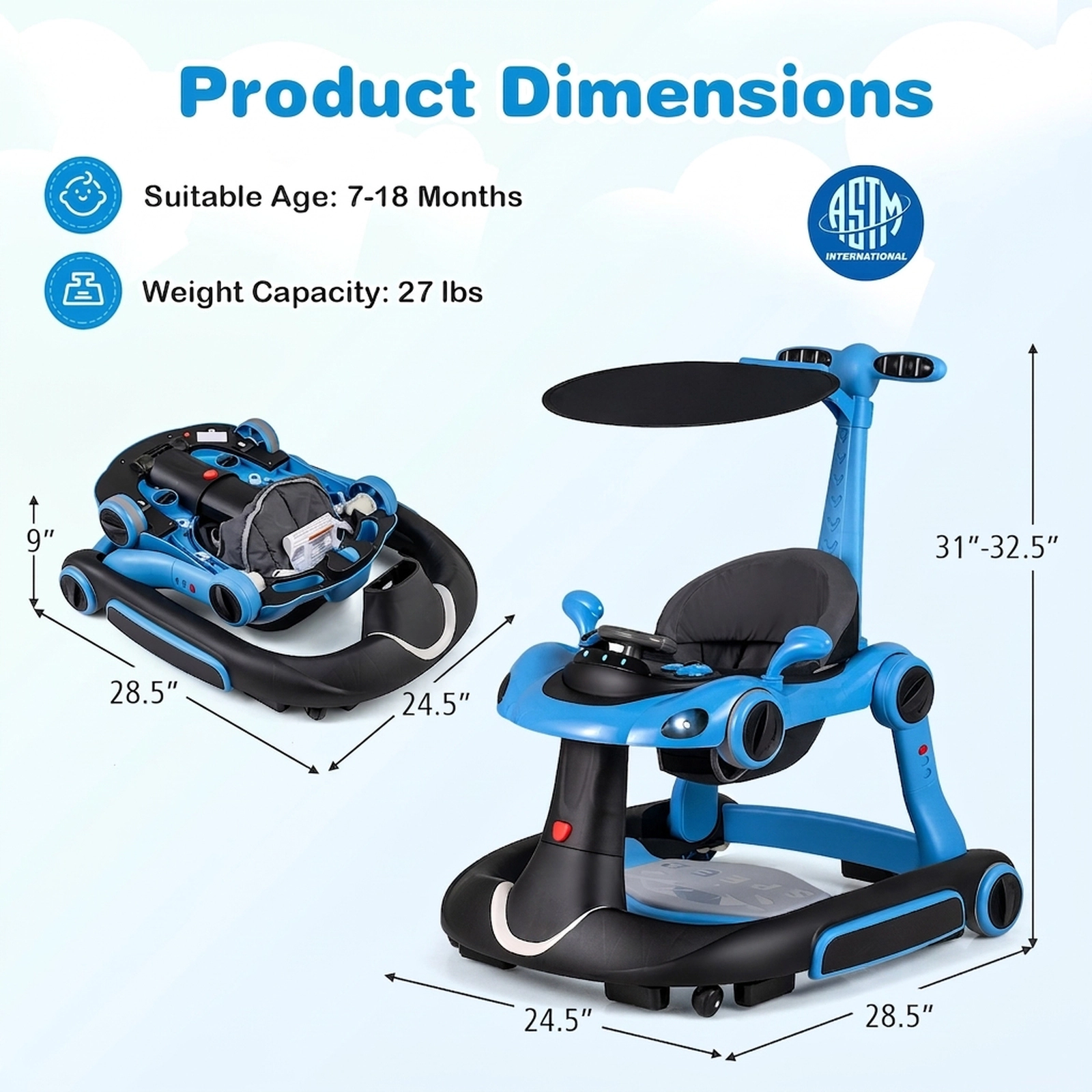 SUGIFT Canopy Activity Center Bouncer and Rocker Combo 6-in-1 Baby Walker