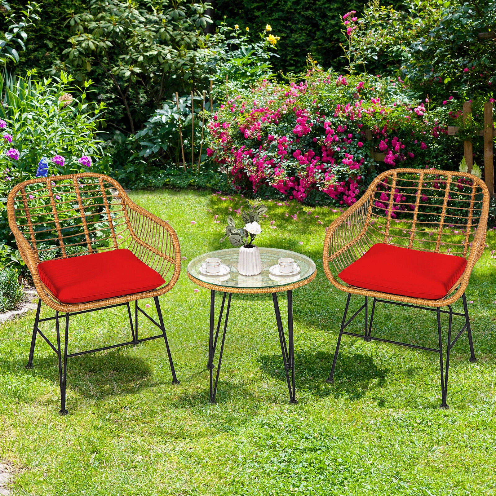 SUGIFT 3-Piece Red Wicker Patio Conversation Set with Cushions and Round Tempered Glass Table