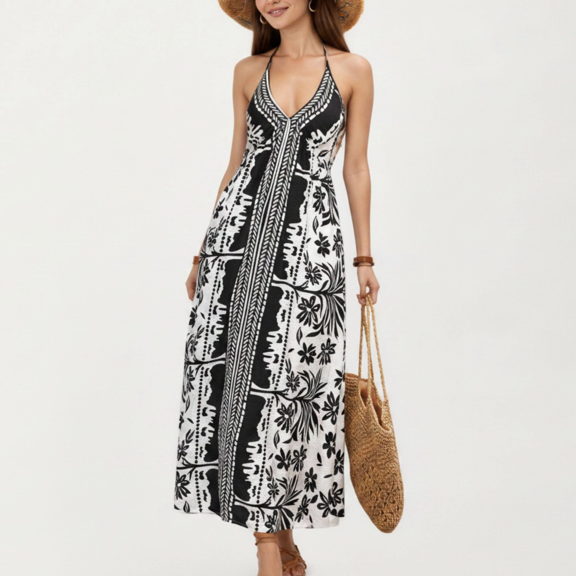 Anna-Kaci Women's Printed Halter Open Back Tie Maxi Dress