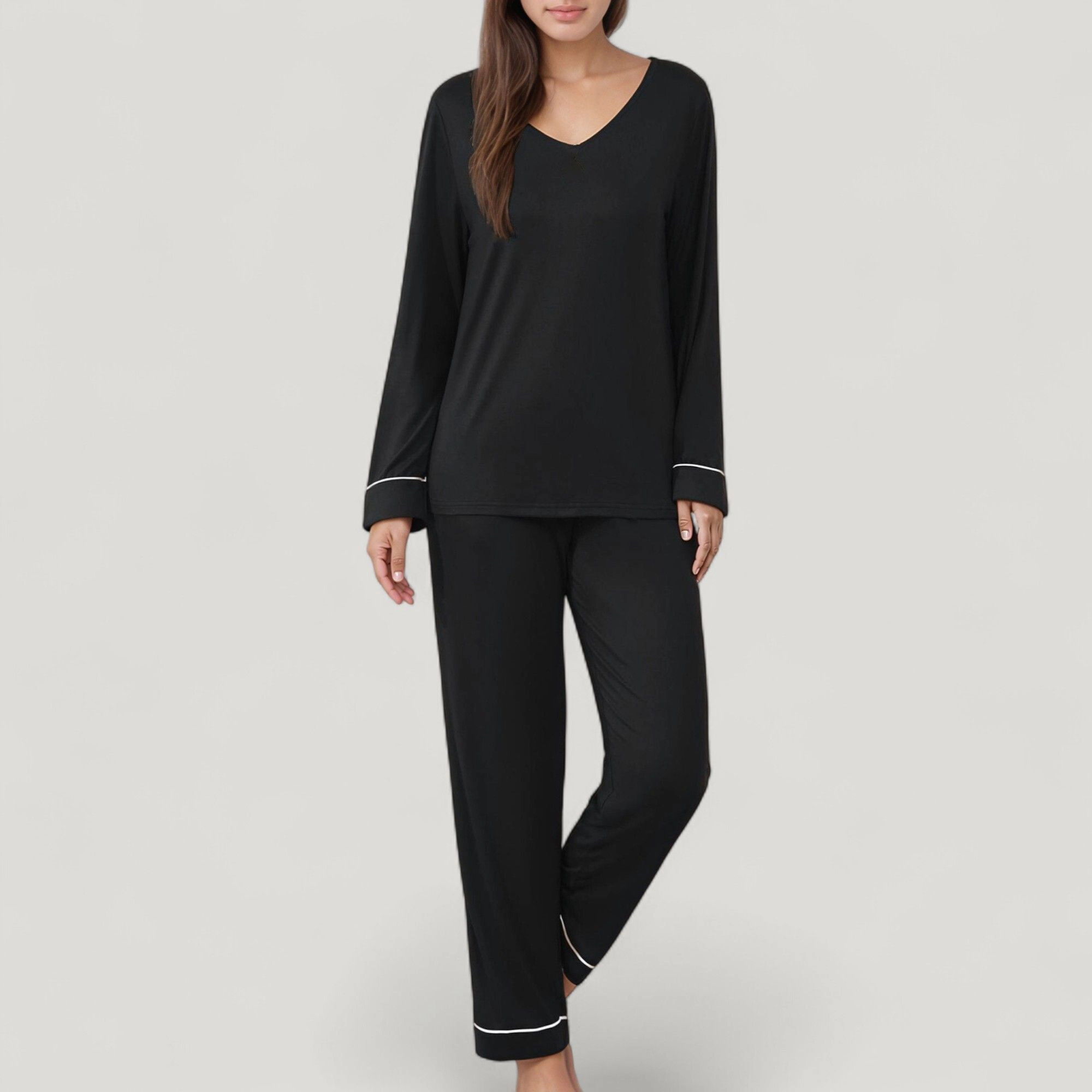 Anna-Kaci Women's Contrast Trim Long Sleeve V-Neck Pajama Top and Lounge Pants 2-Piece Sleepwear Set