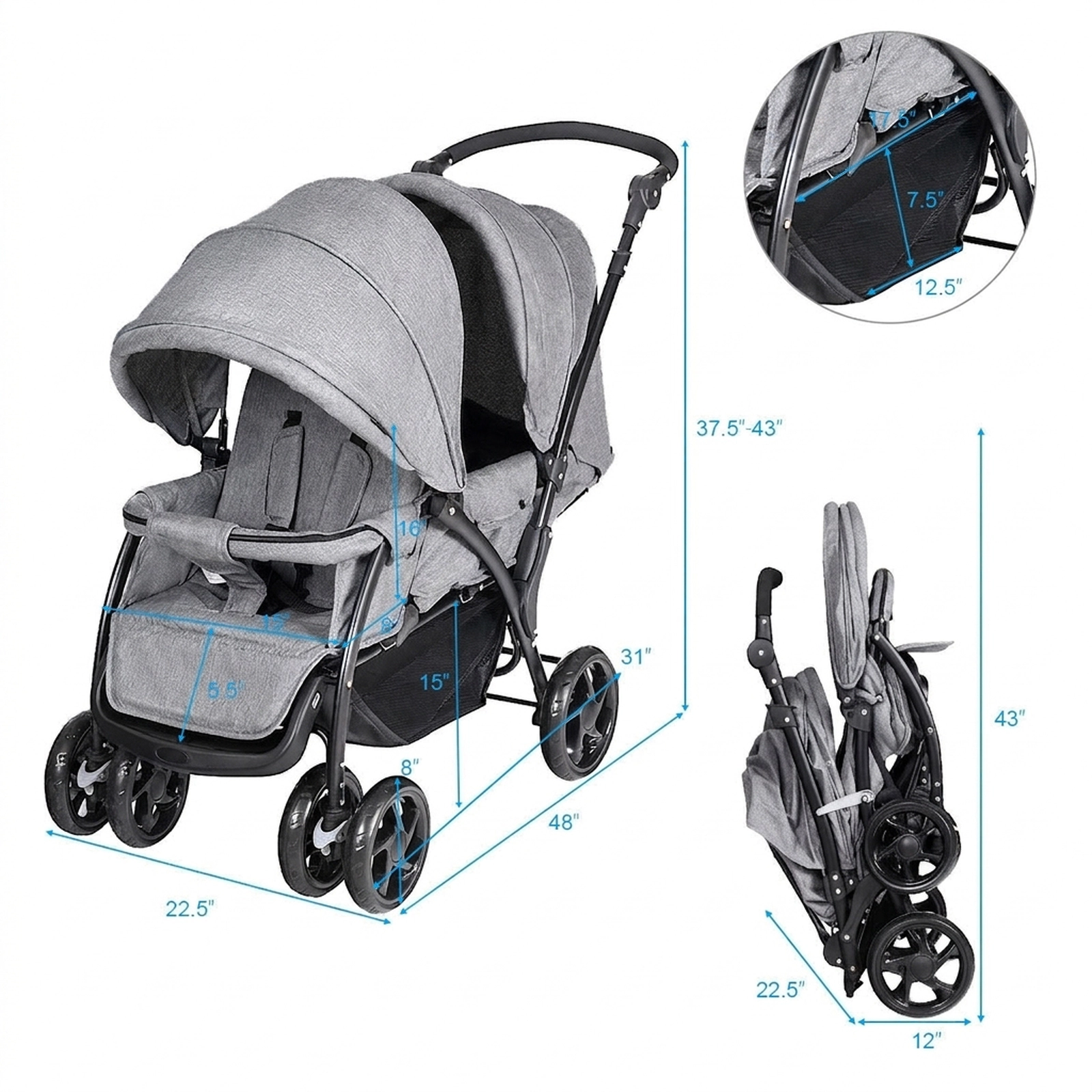 SUGIFT Foldable Lightweight Front Back Double Baby Stroller 33-lb Capacity Per Seat Ages 6-36 Months Gray/Black