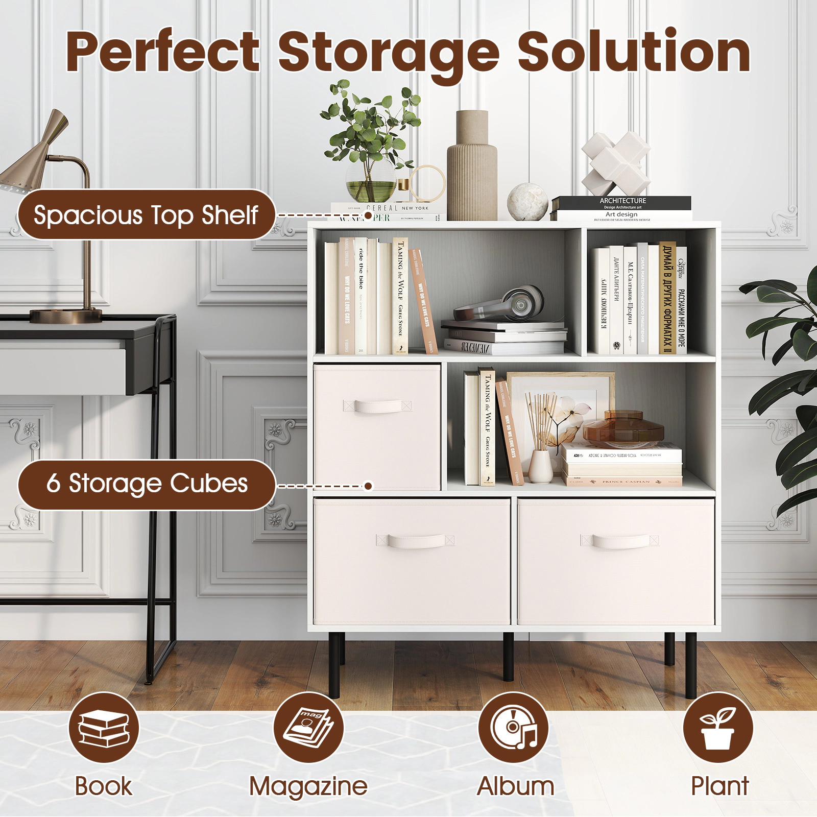 SUGIFT 6-Cube White Cube Storage Organizer Bookshelf with 3 Removable Folding Fabric Drawers and Metal Legs