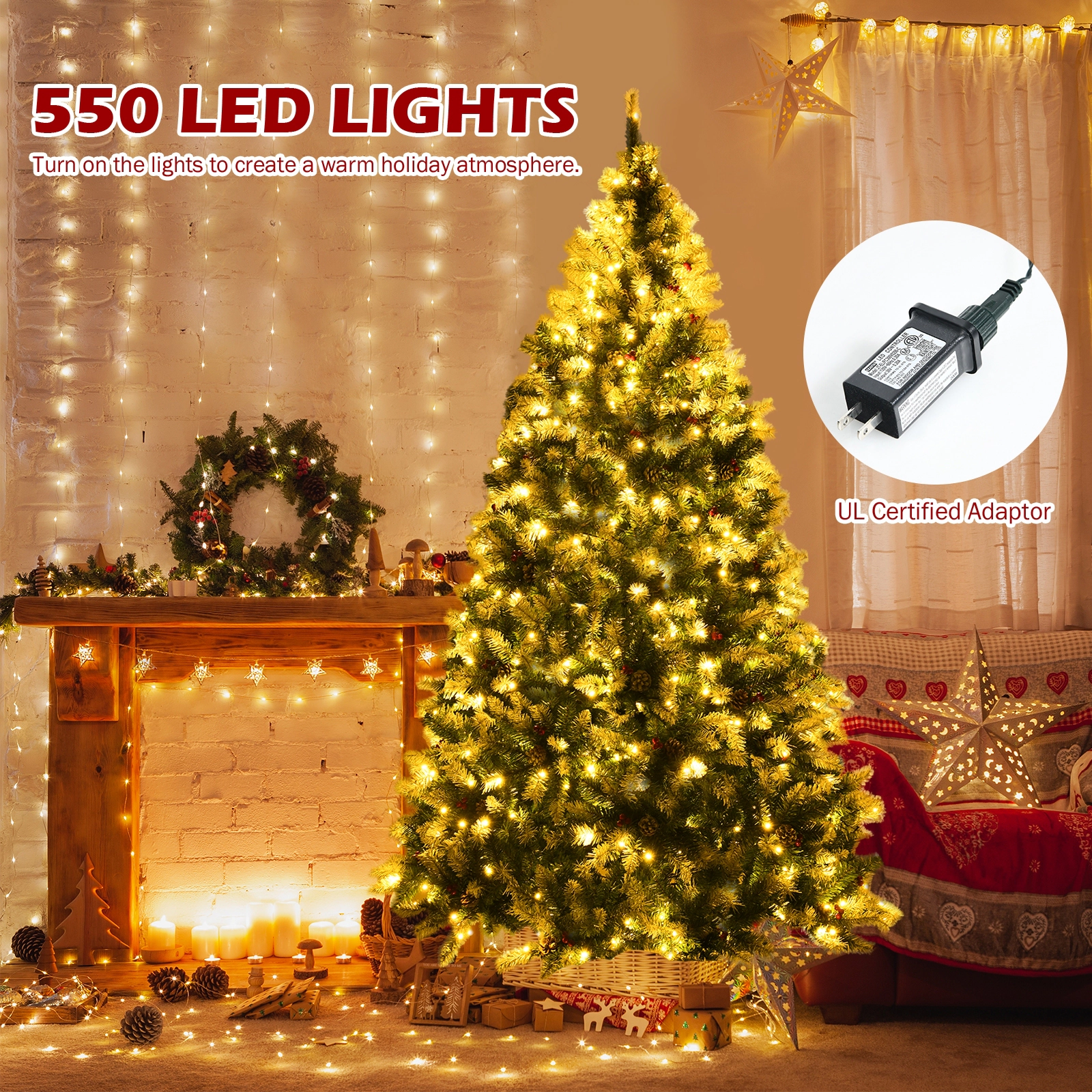 SUGIFT Pre-Lit Snow Sprayed Christmas Tree with PVC Branch Tips and Metal Stand
