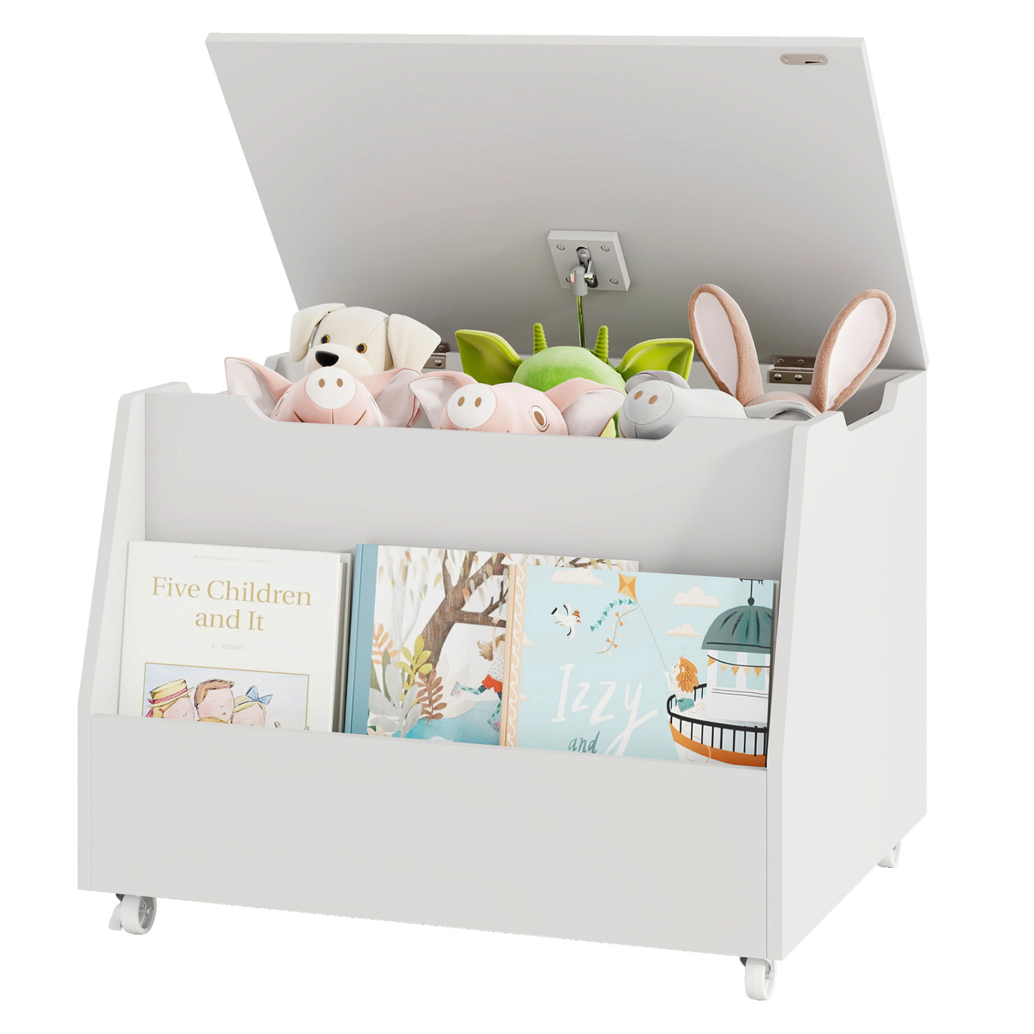 SUGIFT White 110-lb Top Wooden Mobile Kids Toy Box Storage Organizer with Front Bookshelf and Lockable Wheels