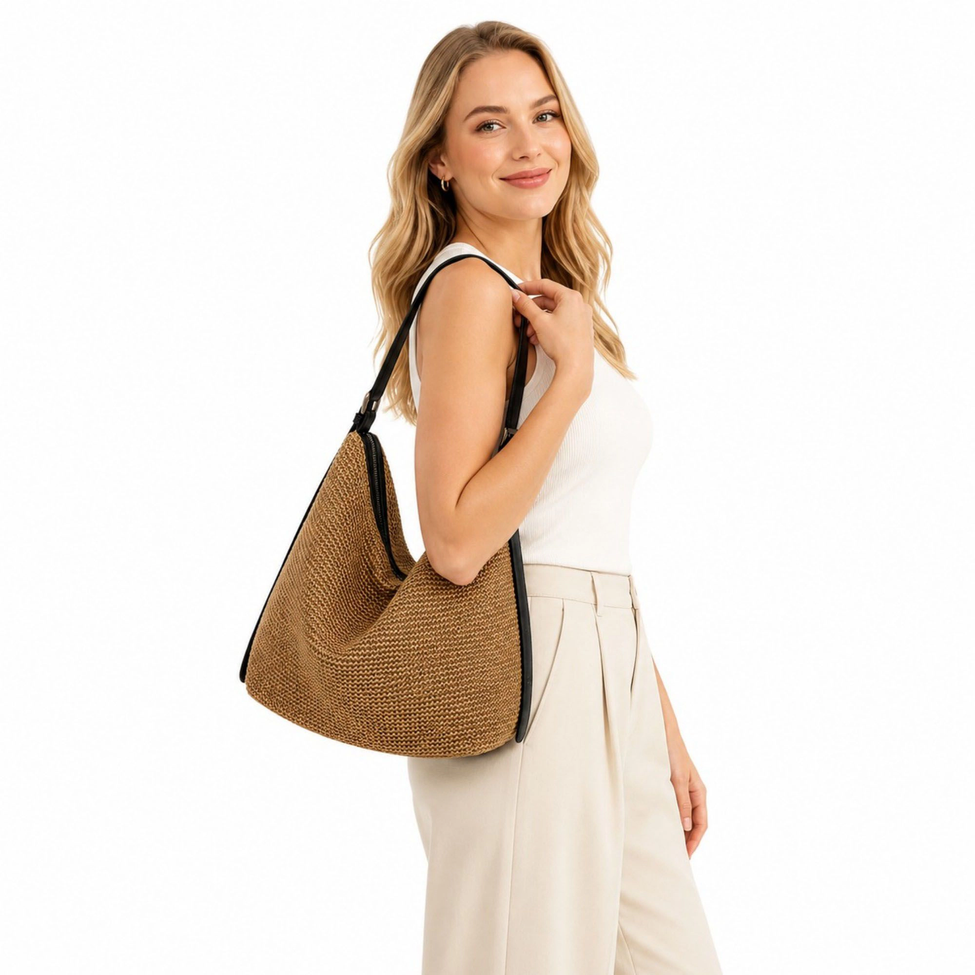 Alilang Women's Woven Hobo Shoulder Bag with Zip Top and Large Capacity