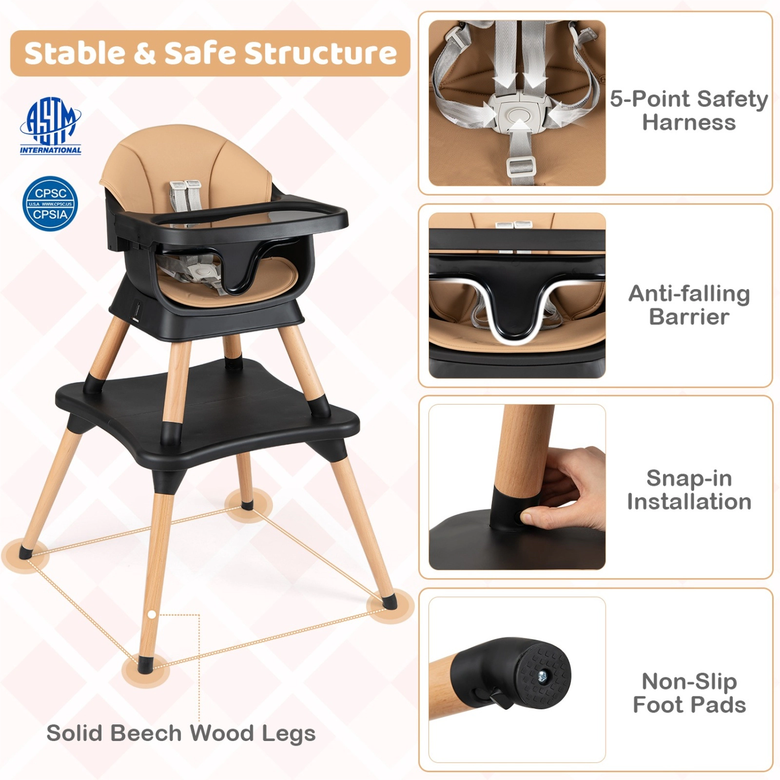 SUGIFT Solid Beech Wood Legs Booster Seat and Table 9-in-1 Convertible Baby High Chair