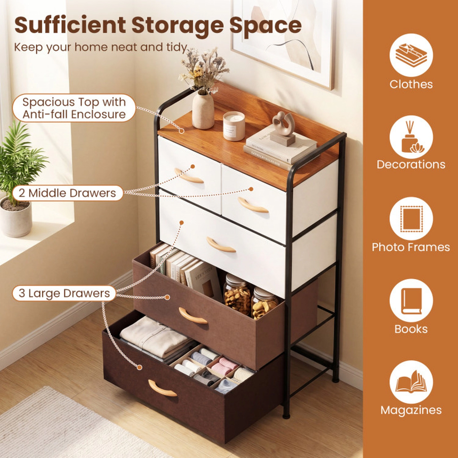 SUGIFT Multicolor Removable Bins and Raised-Edge Top 5-Drawer Fabric Dresser