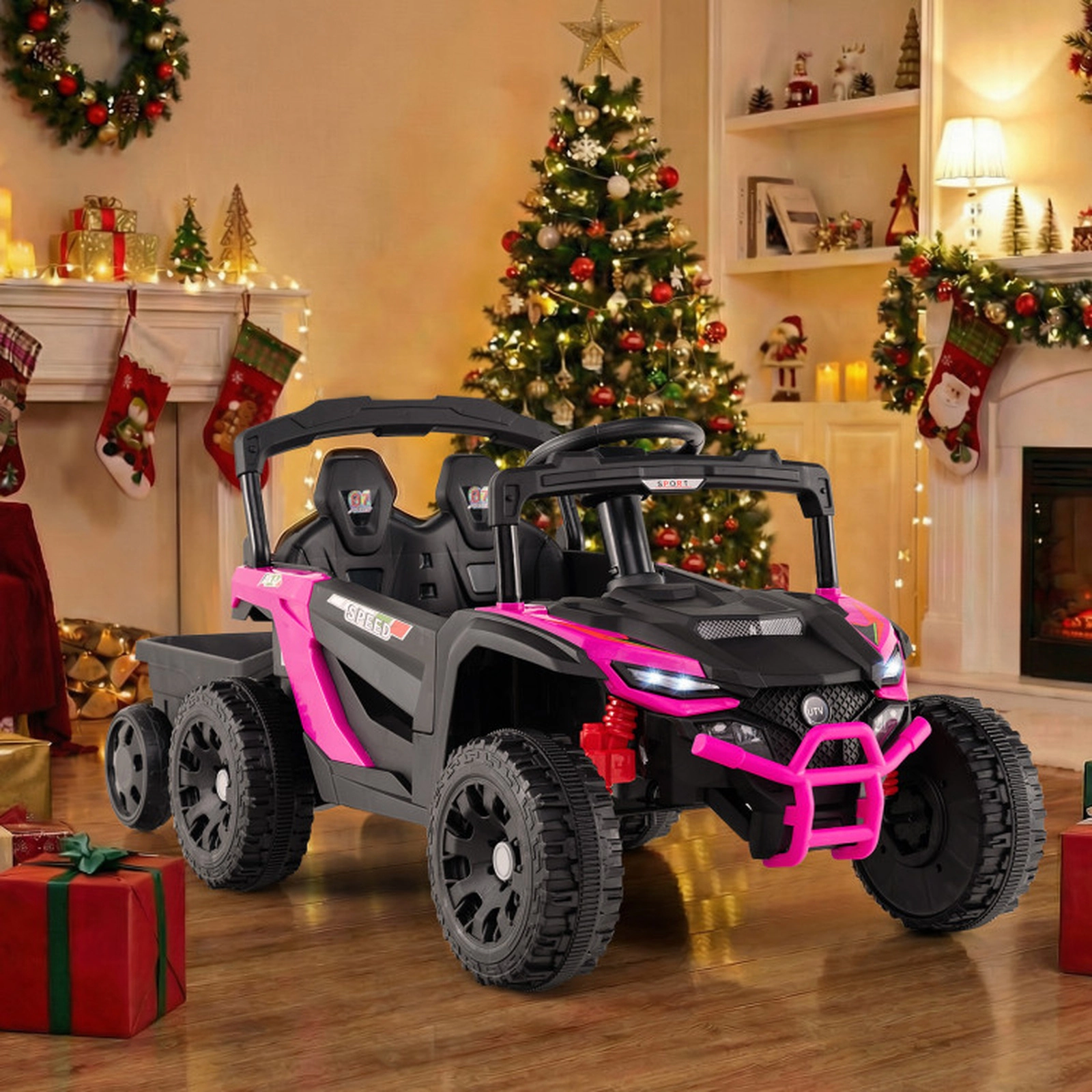 SUGIFT 12V Battery Powered Ride On Tractor Parent Remote Control 66-lb Capacity Ages 3+ with Detachable Trailer Black