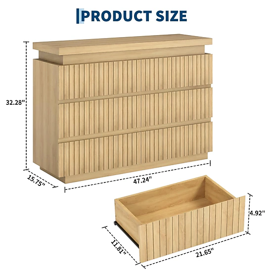 BebreezChic Modern Handleless 6-Drawer Dresser, Fluted Design, Thick Floating Top, White Wide Chest