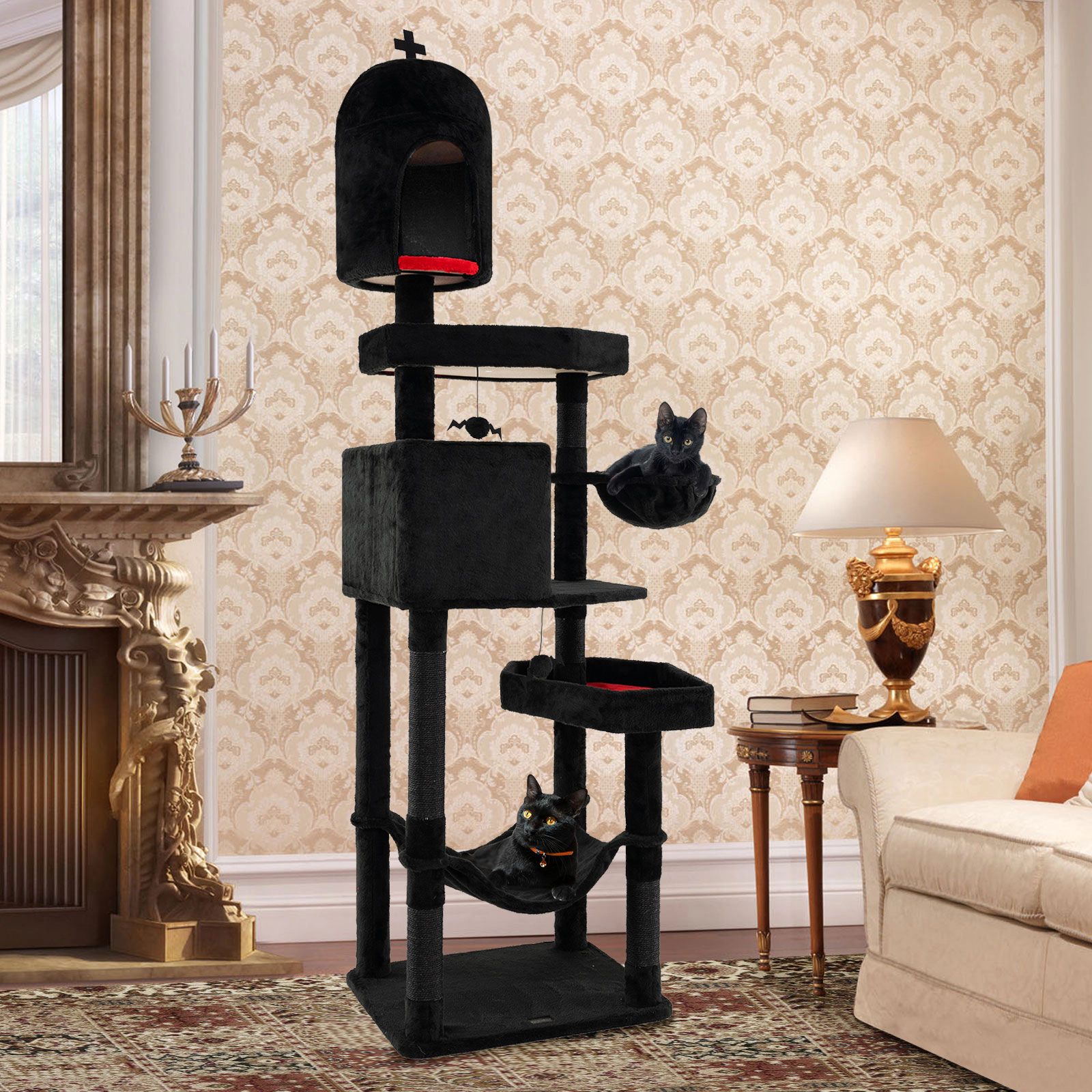 SUGIFT Gothic Cat Tree with 2 Cat Condos Coffin Beds Hammock 83-in Tall 22-lb Layers 11-lb Hammock Black & Red