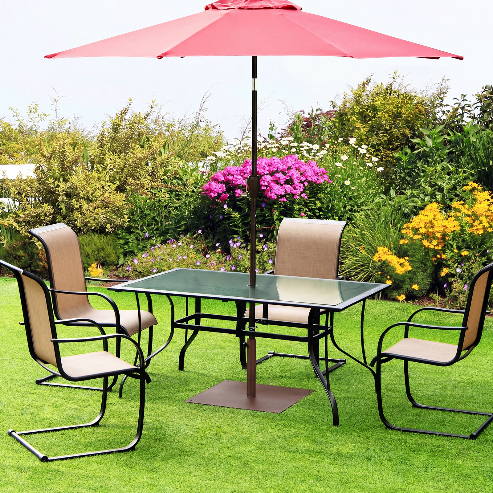 SUGIFT Black Steel Patio Umbrella Base, 42 lb, 25 in Square, Fits 1.6 in and 1.9 in Poles