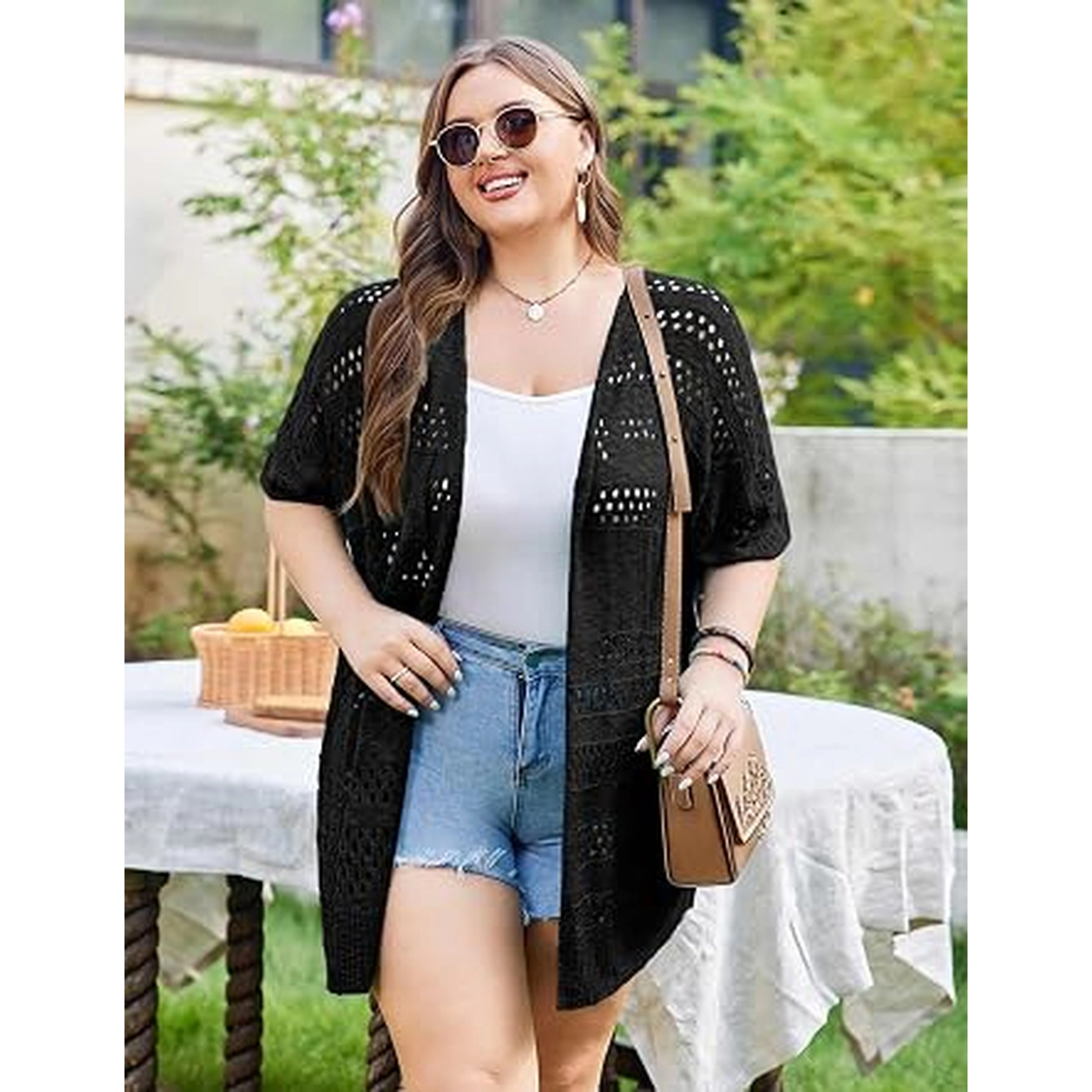 Zeagoo Women's Short Sleeve Crochet Open Front Knitted Kimono