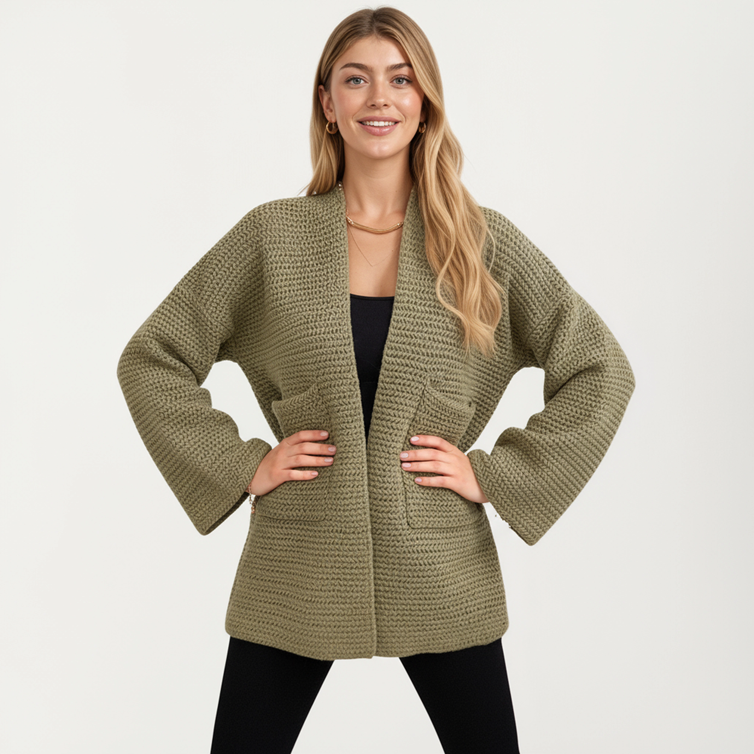 Anna-Kaci Women's Open Front Long Sleeve Textured Knit Design Cardigan with Relaxed Fit
