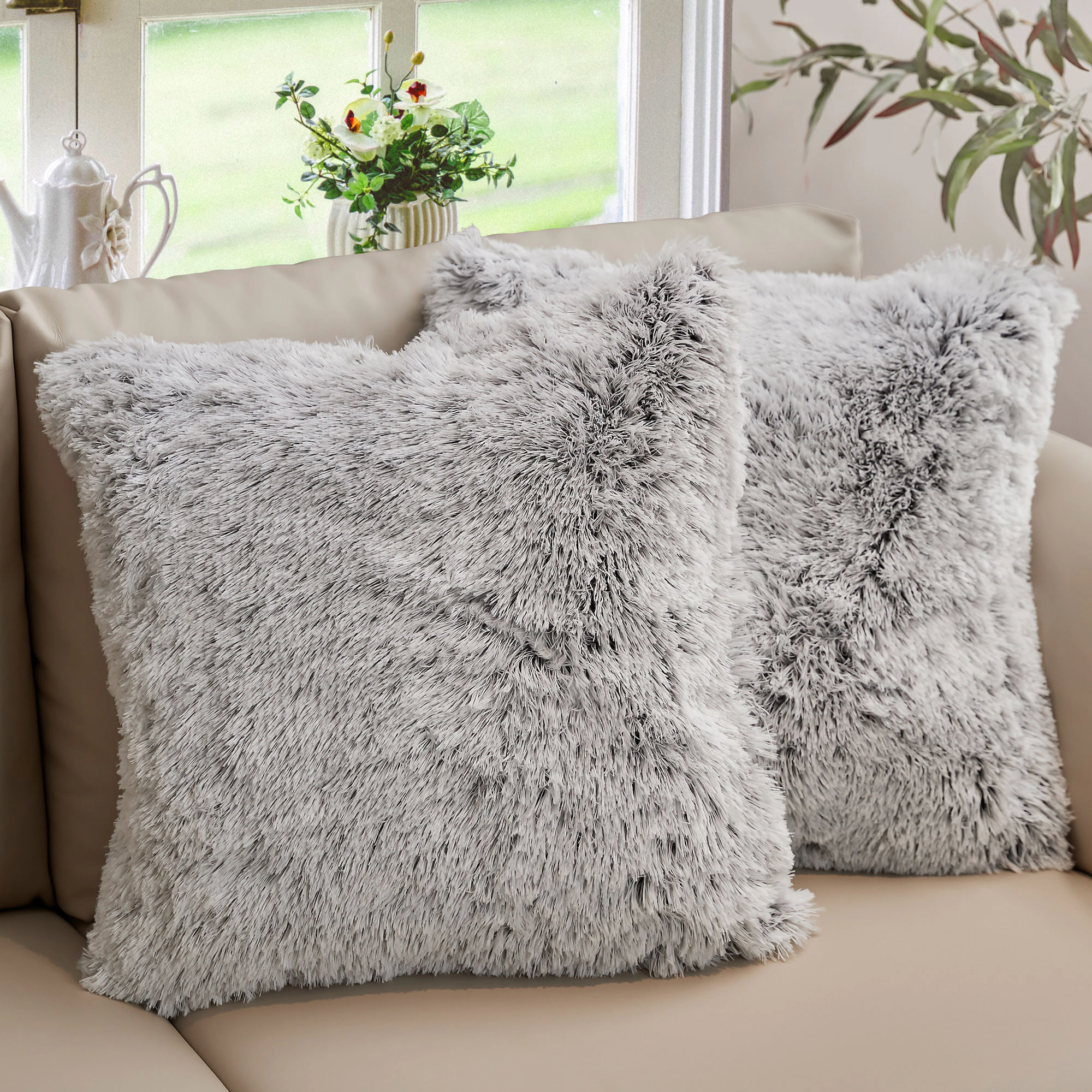 Cheer Collection 24-Inch Dual-Sided Shaggy Faux Fur Throw Pillows with Inserts, 2-Pack
