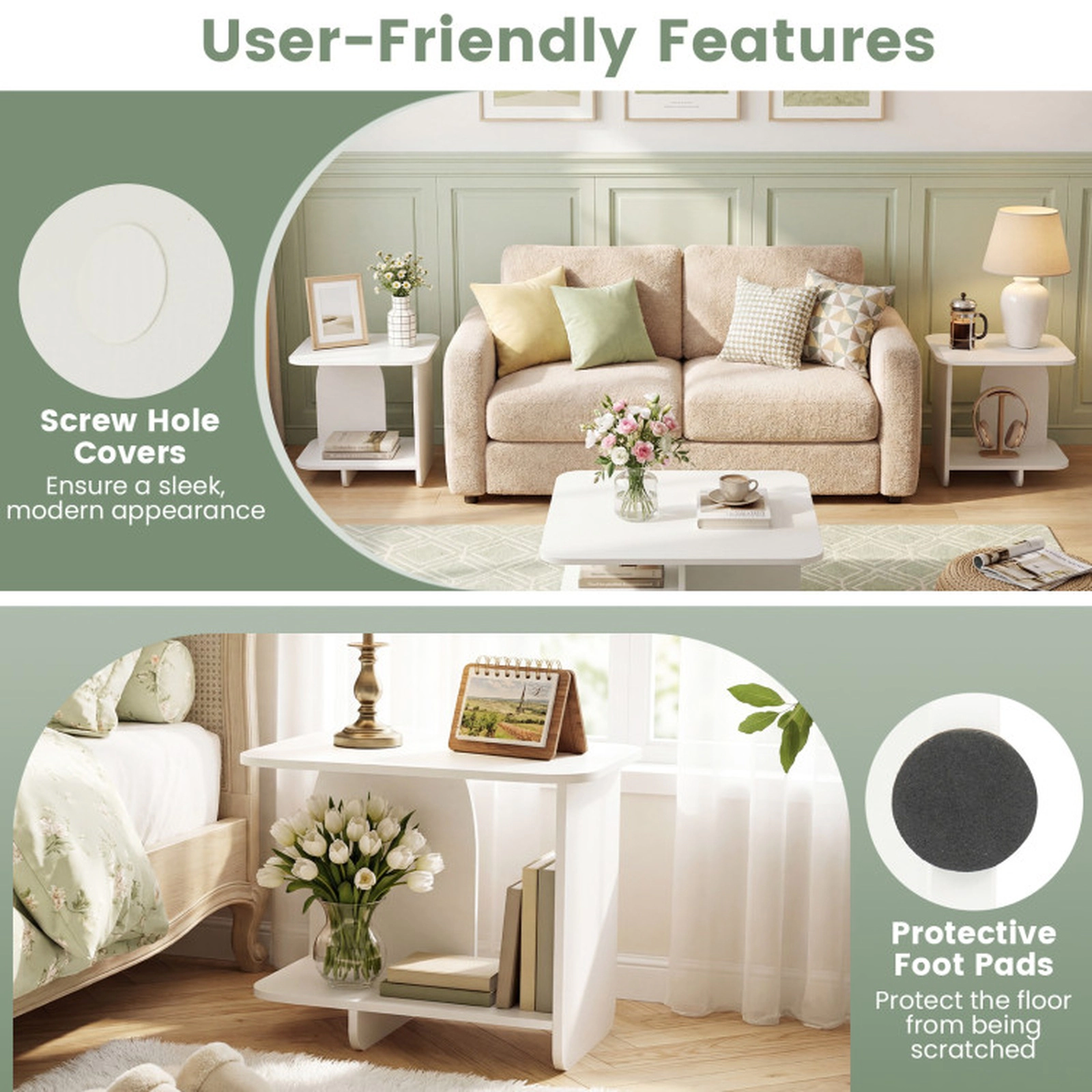 SUGIFT Storage Shelf and Screw Hole Covers 2-Tier White Sofa Side Table