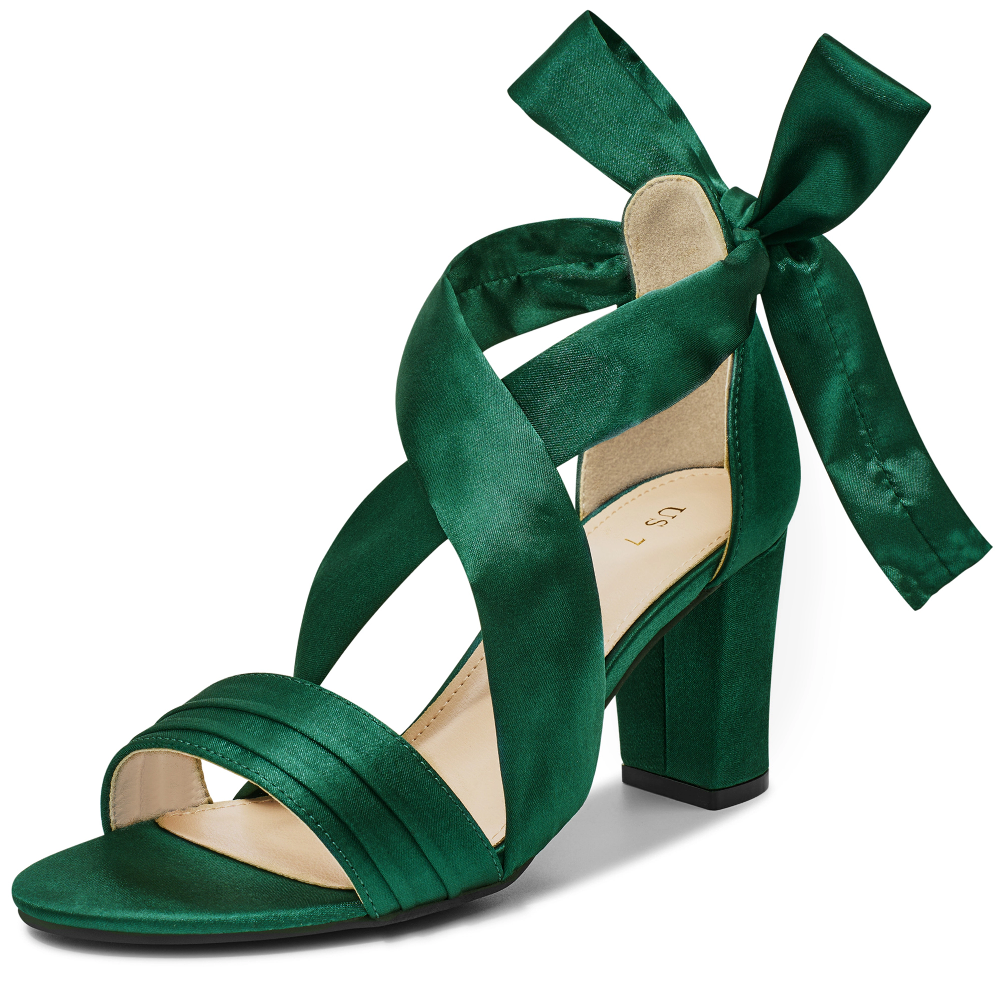 BLISSFUL STEP Women's Satin Open Toe Lace Up Cross Strap Chunky Heel Sandals