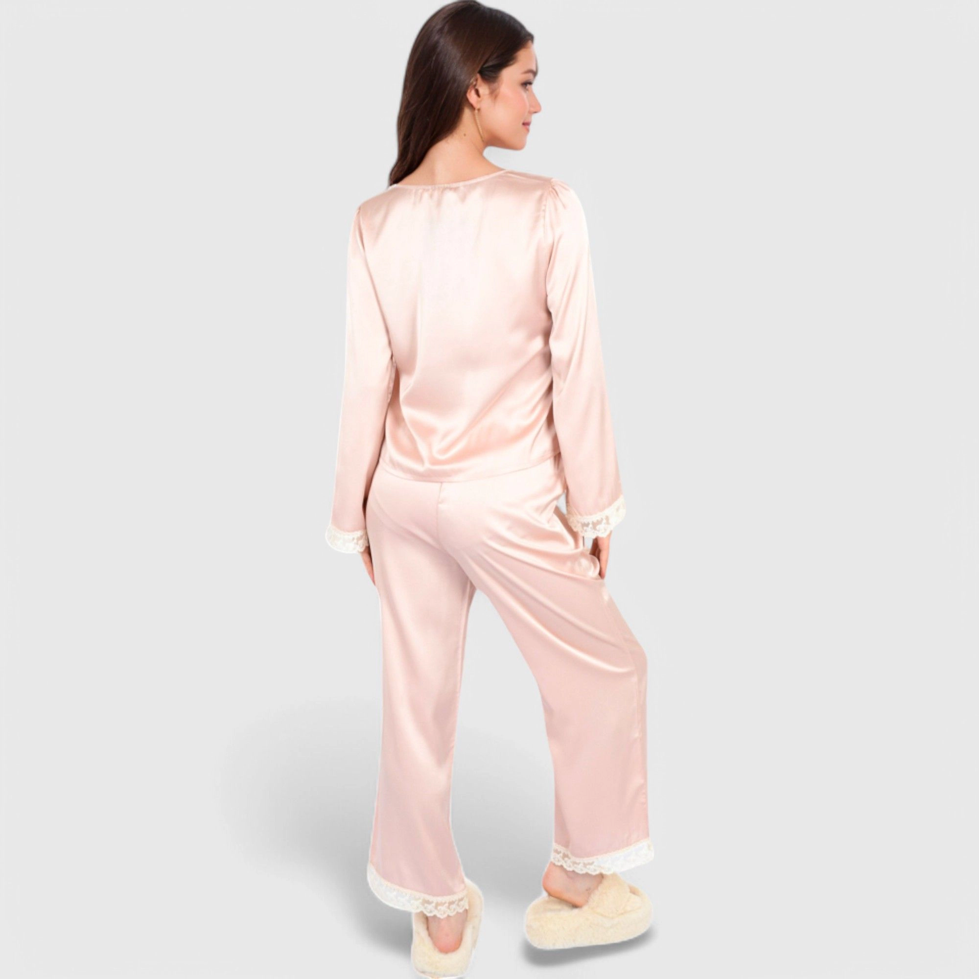 Anna-Kaci Women's Satin Pajama Set with Lace Trim and Button Up Long Sleeve Top