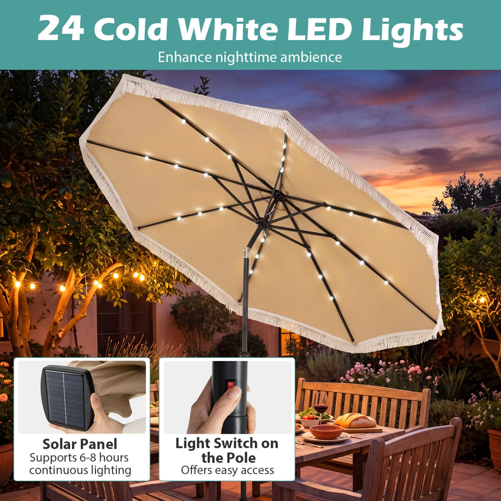 SUGIFT Beige 10 ft Solar Patio Umbrella with 24 LED Lights and 1.5 in Pole
