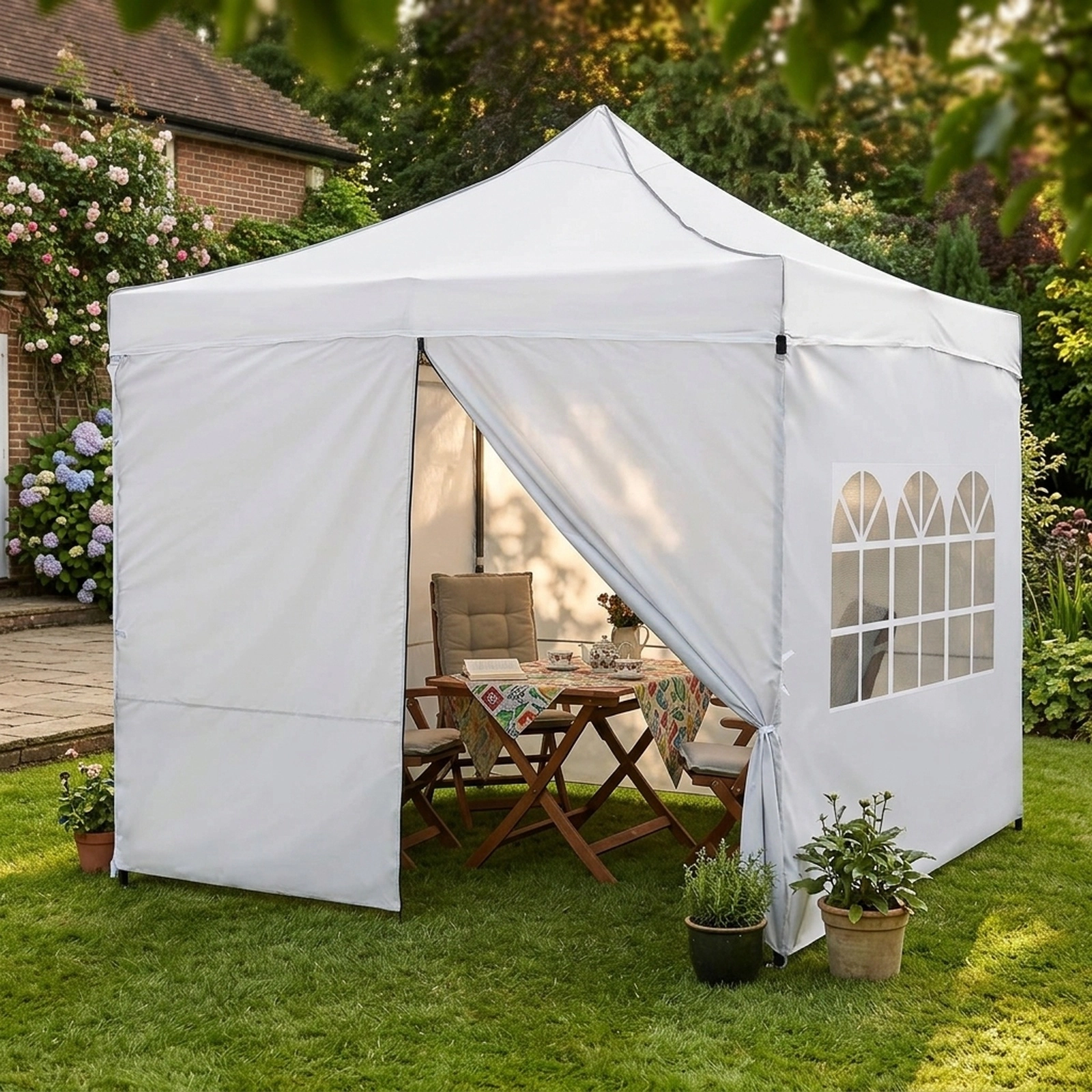 SUGIFT 10 x 10Pop Up Canopy Tent with 4 Removable Sidewalls, 3-Height Frame and Wheeled Bag White