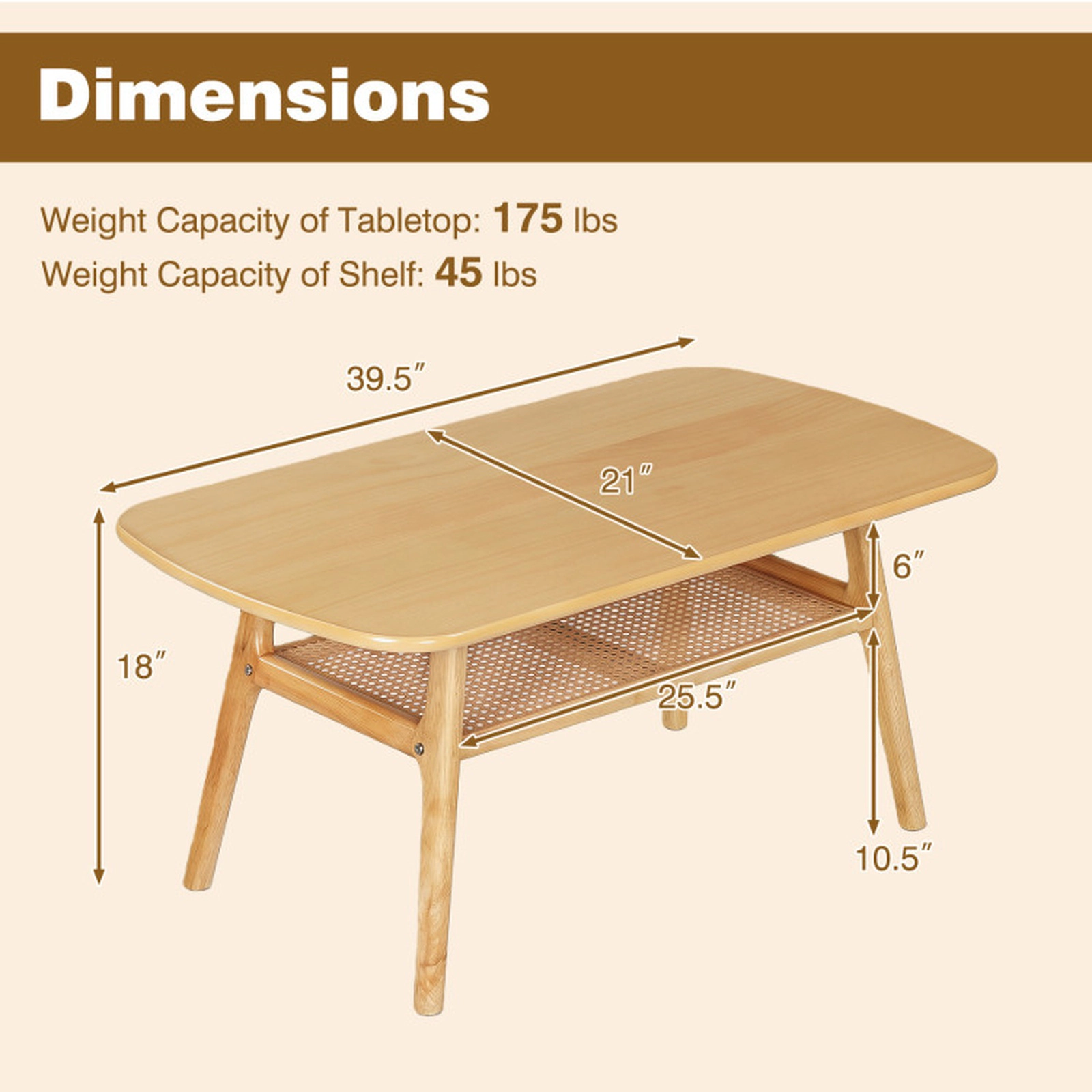 SUGIFT 39.5-in 175-lb Capacity Natural Wood Veneer Boho Rattan Coffee Table with Rounded Corners and Edges