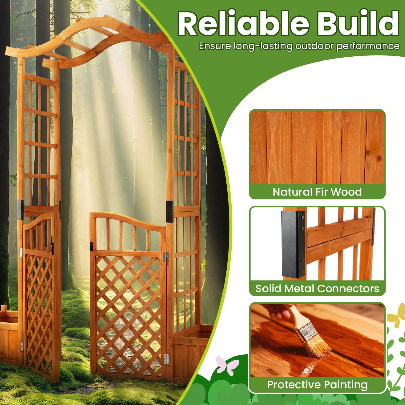 SUGIFT Yellow Wooden Garden Arbor with Gate and 2 Planter Boxes 73-in W 18-in D 83-in H 66-lb Per Planter Box