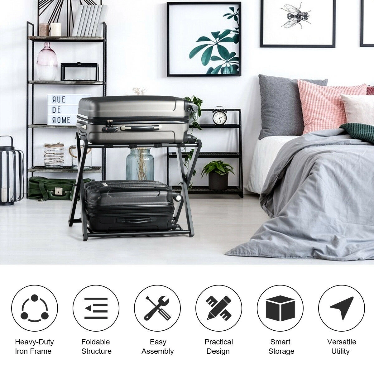 SUGIFT Folding Metal Luggage Racks with Removable Bottom Shelf 130-lb Capacity Black and White