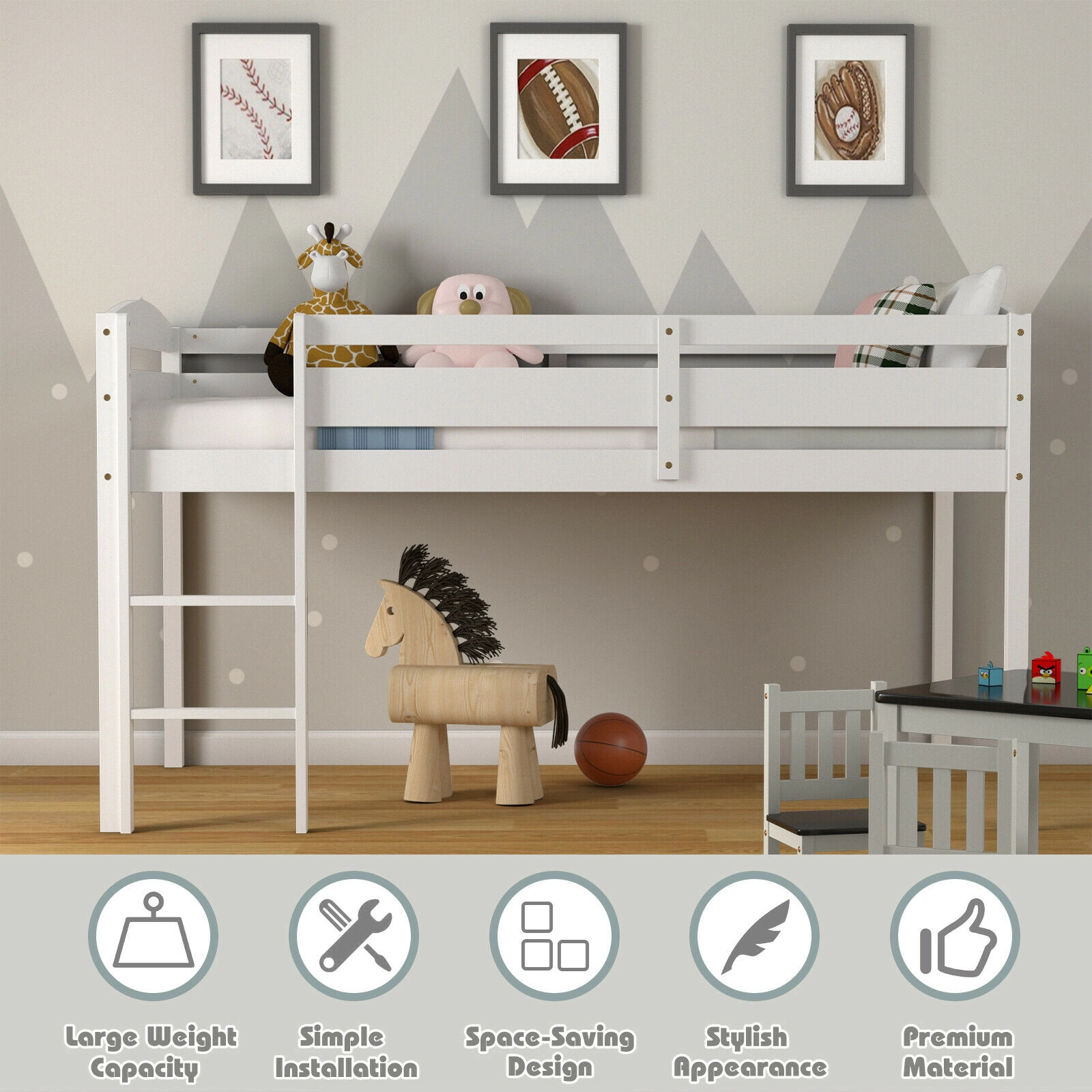 SUGIFT Wooden Twin Low Loft Bunk Bed with Guard Rail and Ladder 350-lb Capacity Twin Size White Dark Brown