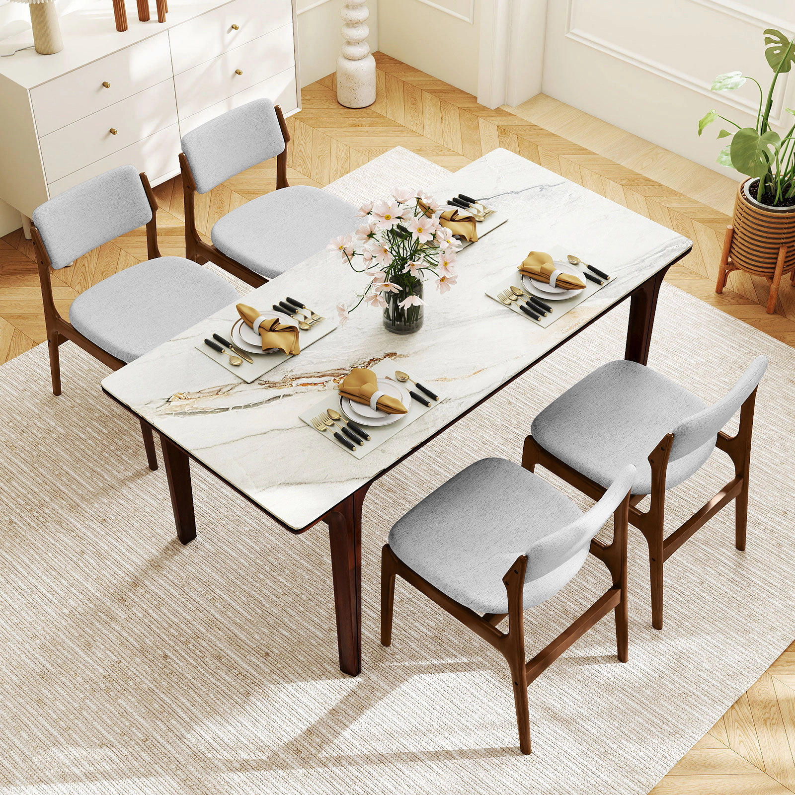 SUGIFT Set of 4 Grey Brown Upholstered Dining Chairs with Slanted Backrests