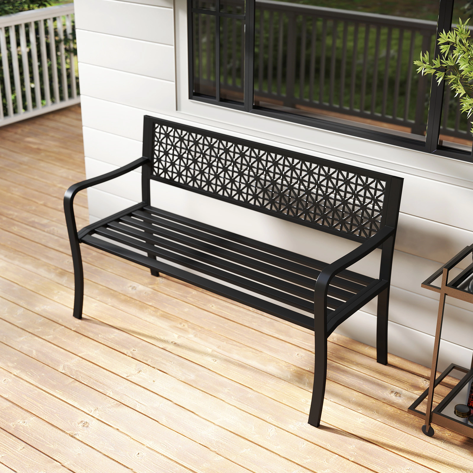 LJG 50 Inch Garden Bench with Patterned Backrest and Curved Armrests for 2-3 Person