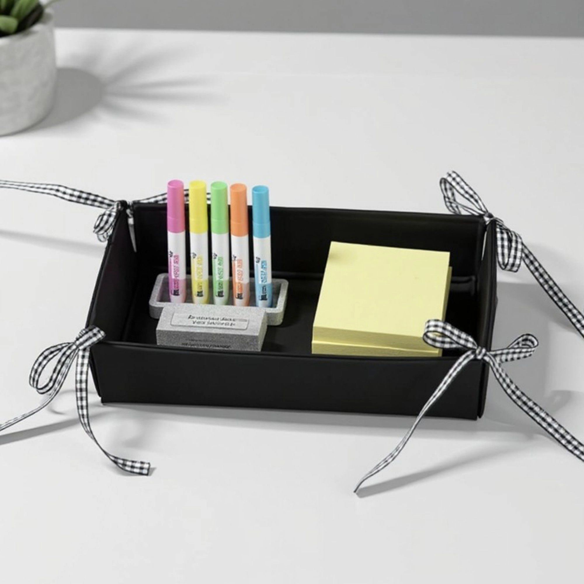 Alilang Unisex Rectangular Organizer Tray with Checkered Ribbon Tie Corners 4x8x2in