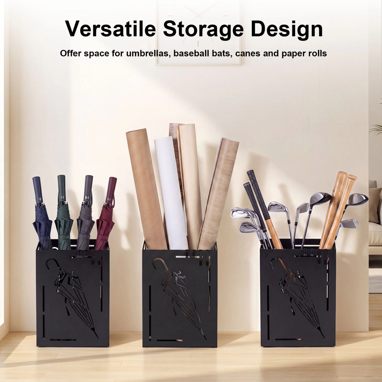 Glintex Rectangular Umbrella Stand with Removable PP Drip Tray and 4 Hooks, Black