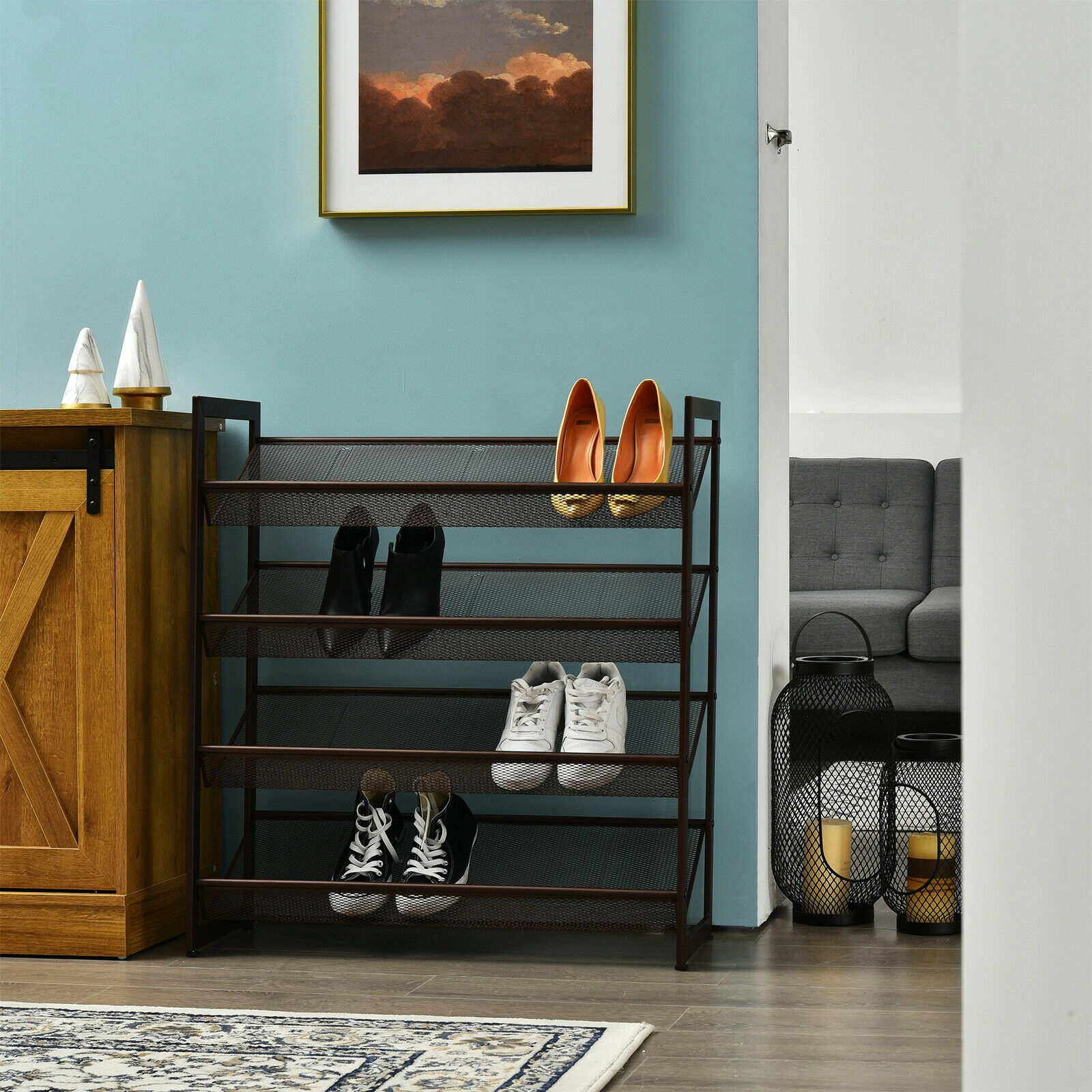 SUGIFT 4-Tier Brown 29-in Steel Metal Shoe Rack with Flat or Slanted Mesh Shelves for Closet and Entry