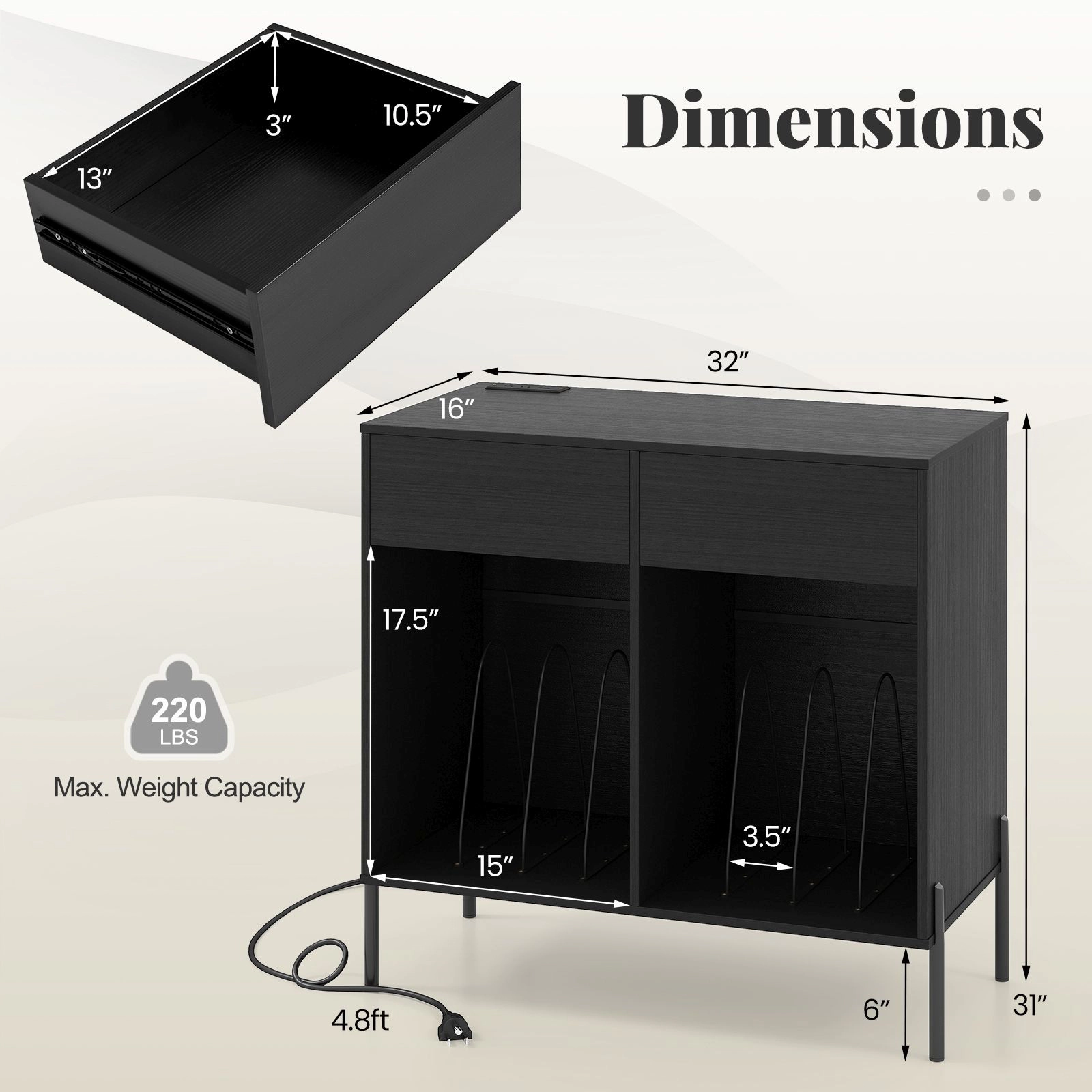 SlickBlue Record Player Stand with Drawers, Shelves & Outlets
