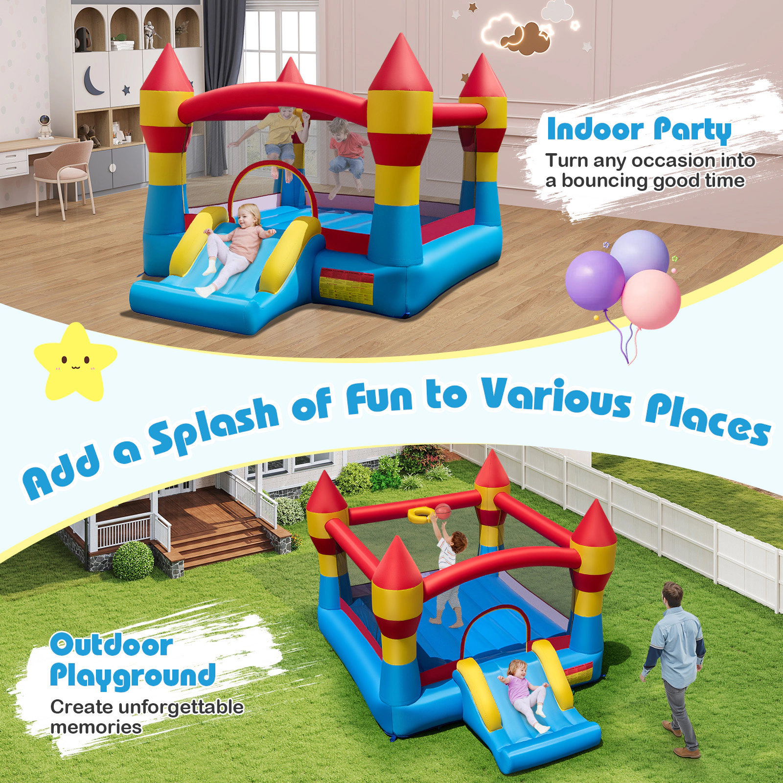 3-in-1 Kids Inflatable Bouncer with Slide Basketball Hoop Crawl-Thru Door and 480W Blower for Yard 200-lb Capacity