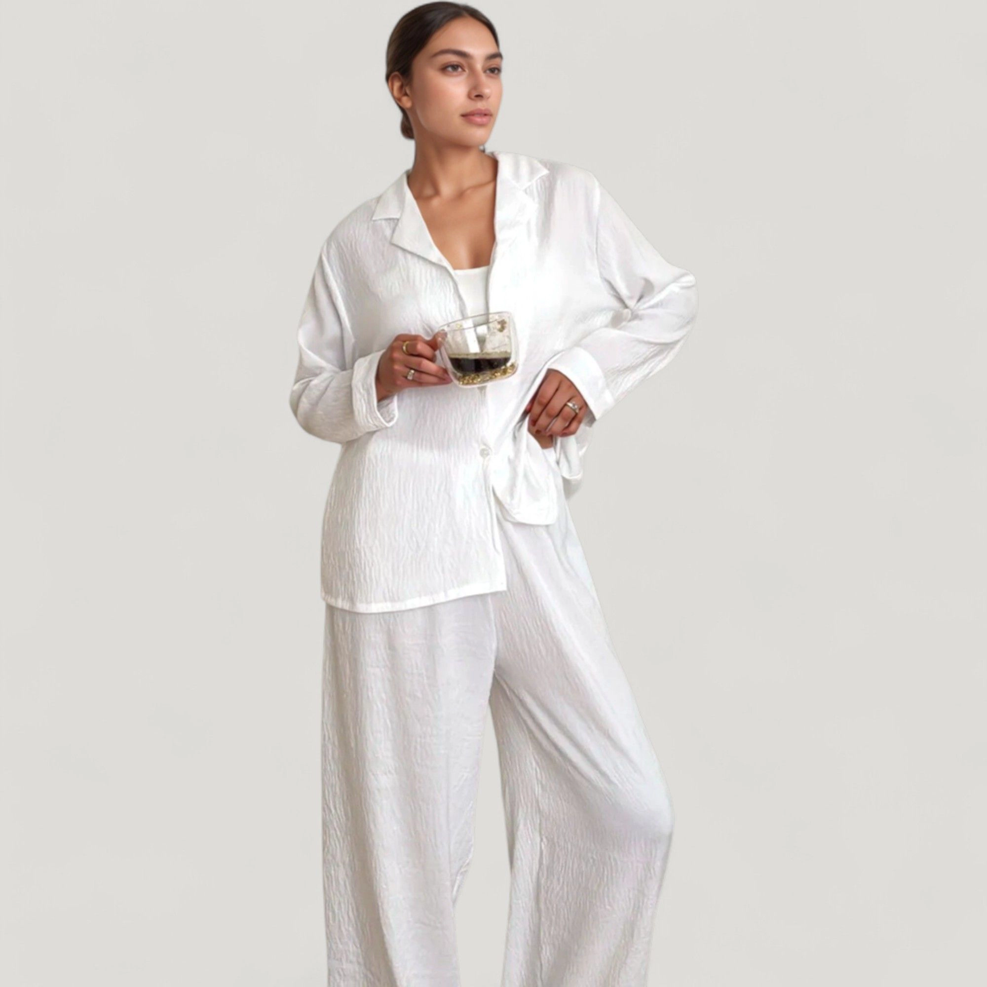Anna-Kaci Women's Textured Button Down Pajama Set with Relaxed Fit Long Sleeve Shirt and Wide Leg Pants