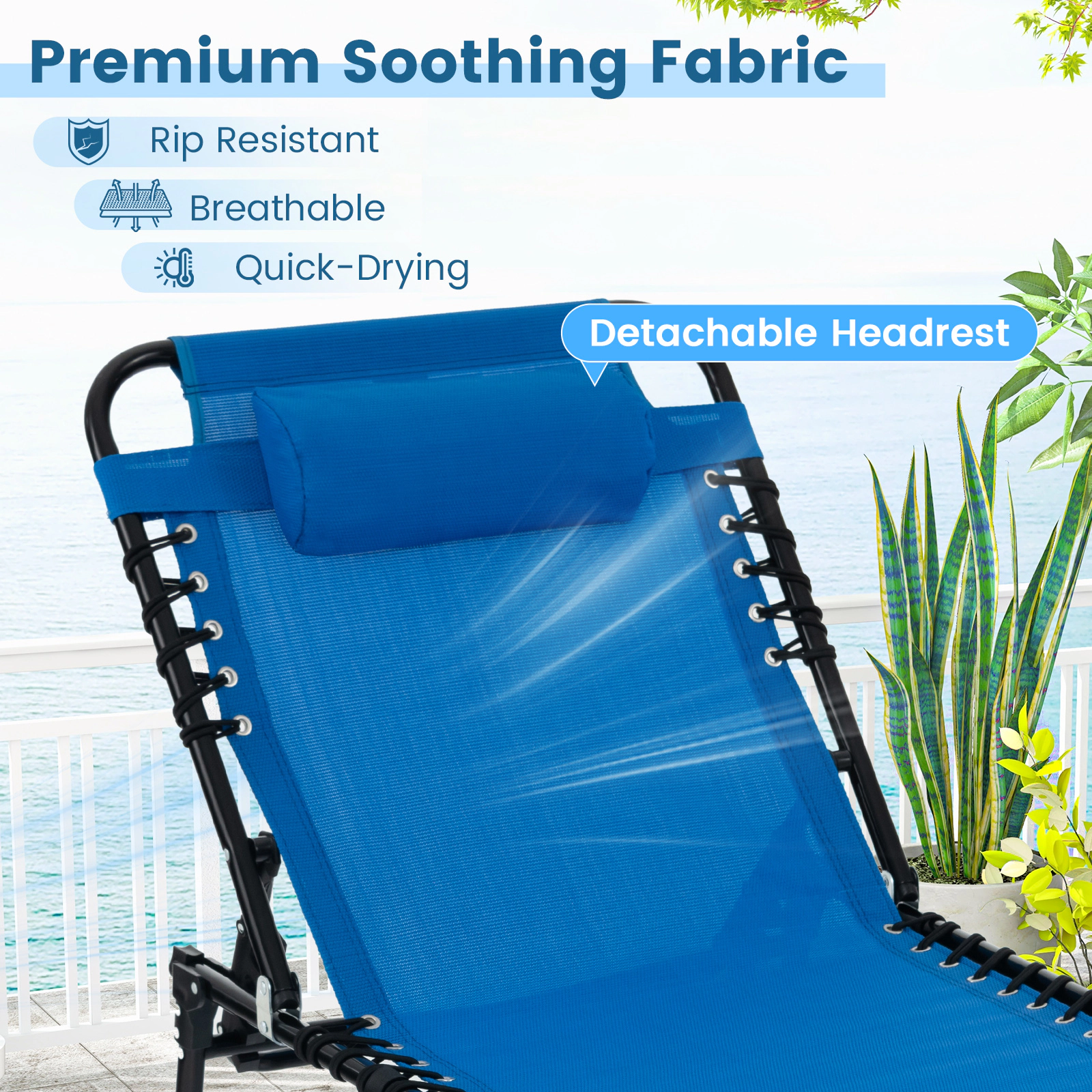 Foldable Reclining Lounge Chair with 4-Position Backrest 2-Position Footrest and Removable Headrest Portable Beach Blue