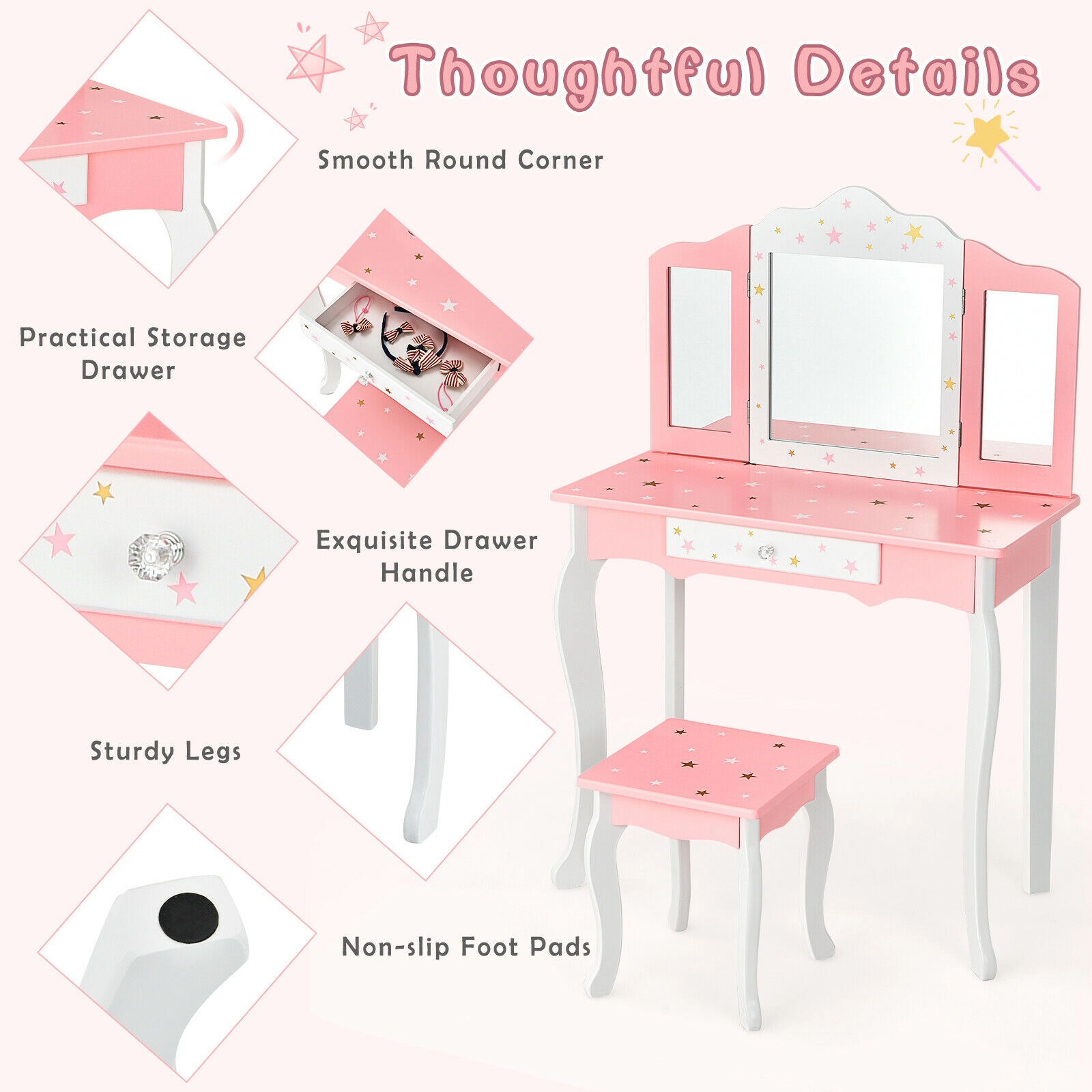 SUGIFT 2-in-1 Detachable Kids Princess Vanity Table and Stool Set with Tri-folding Mirror 44/88-lb Capacity Pink/White