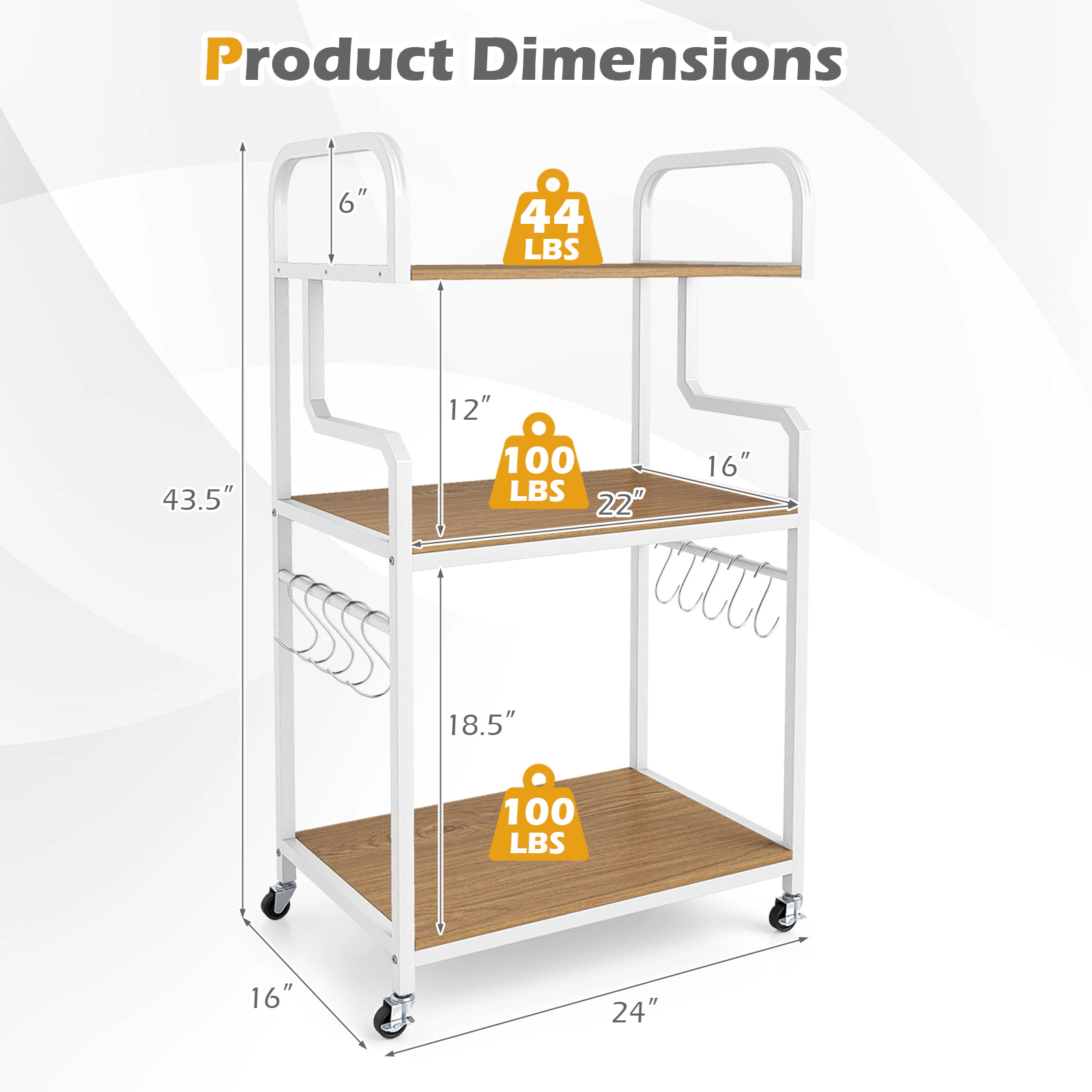 SUGIFT 3-Tier 10 Hanging Hooks Lockable Casters Rolling Printer Cart 24-in x 16-in x 43.5-in 110-lb Shelf Natural