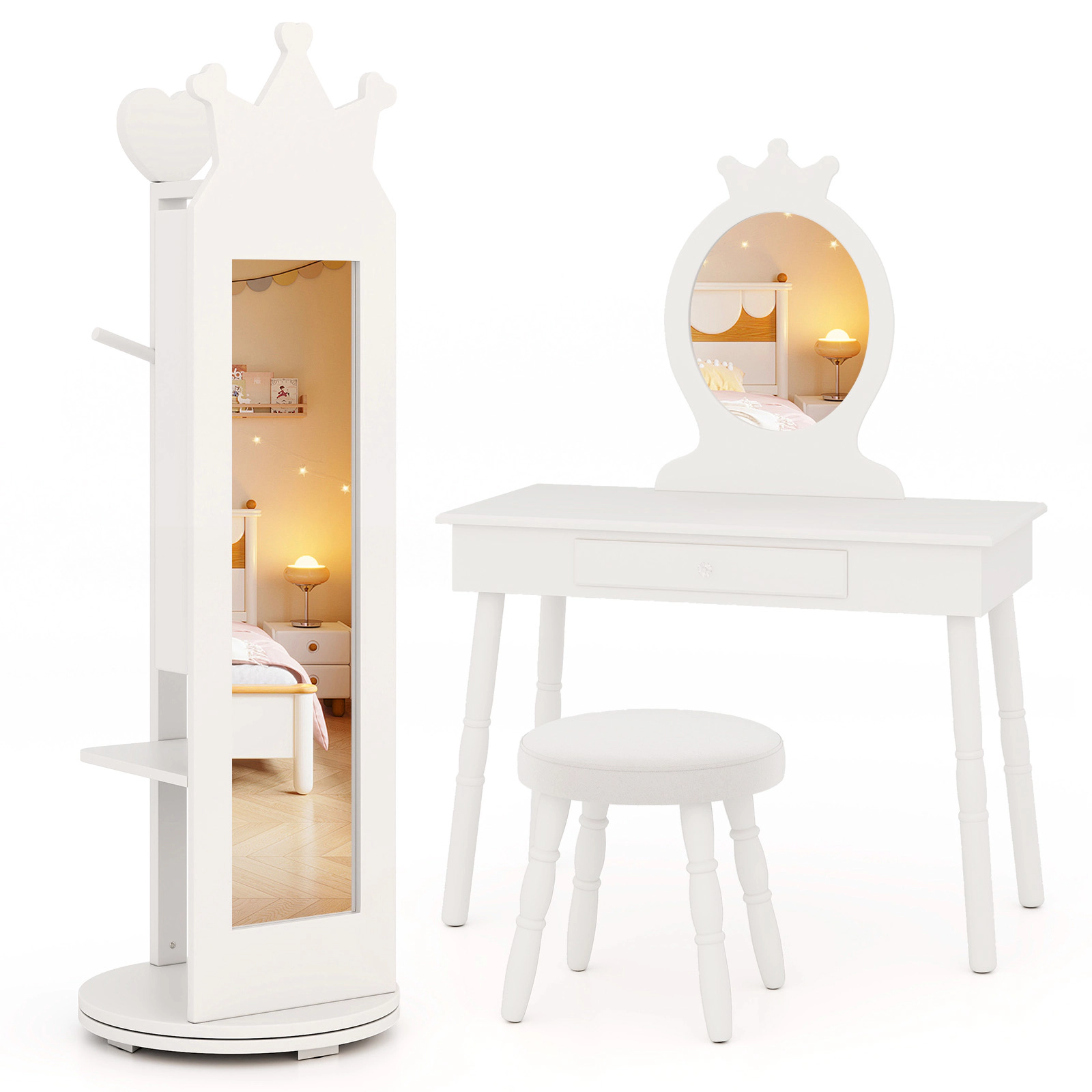 SUGIFT Free-Standing Full Length Mirror Kids Jewelry Armoire Cabinet 44-in Tall Vanities Storage 14 x 14 in Base White