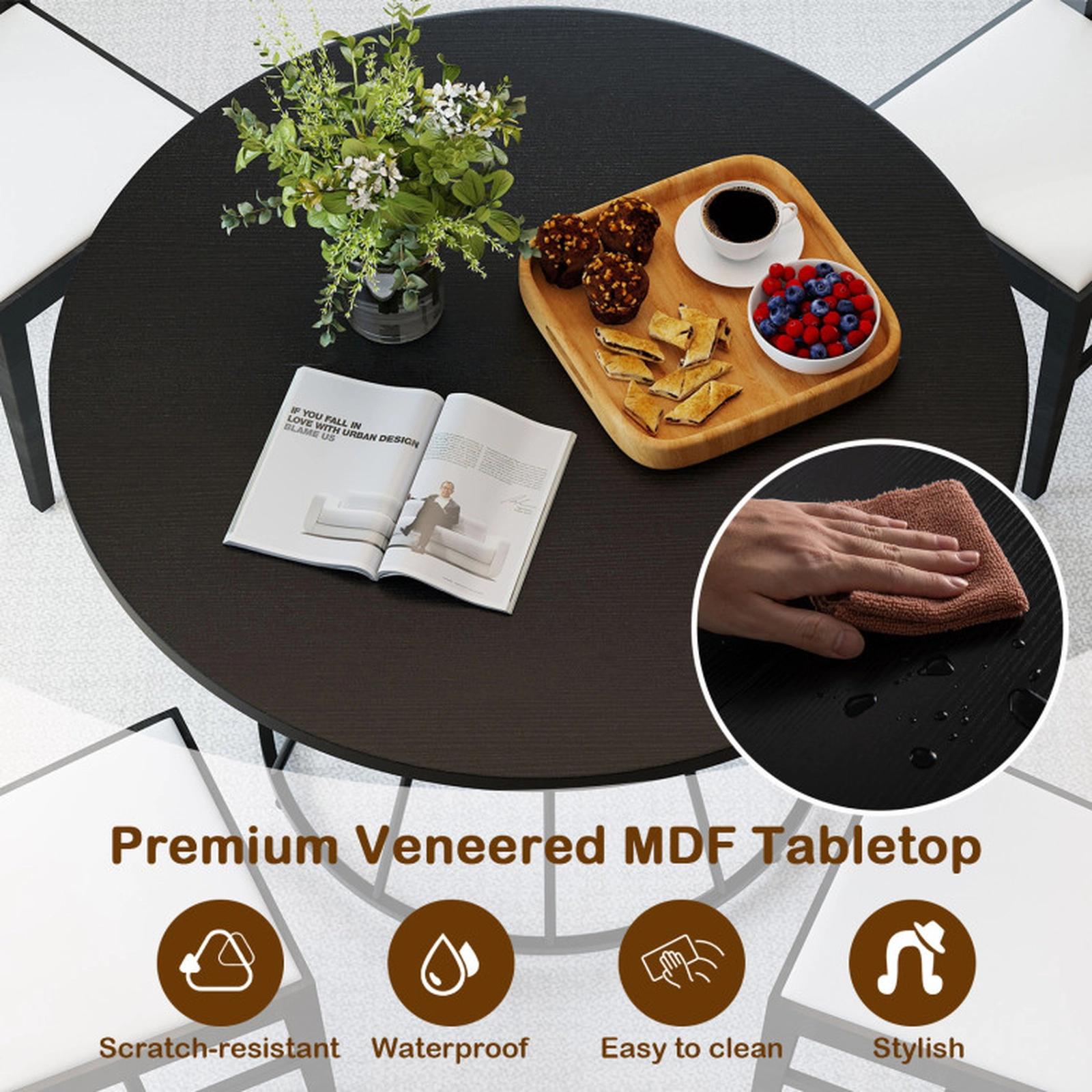 SUGIFT 47-in Round Farmhouse Dining Table for 4 with MDF Tabletop and Metal Frame 200-Lb Capacity Black
